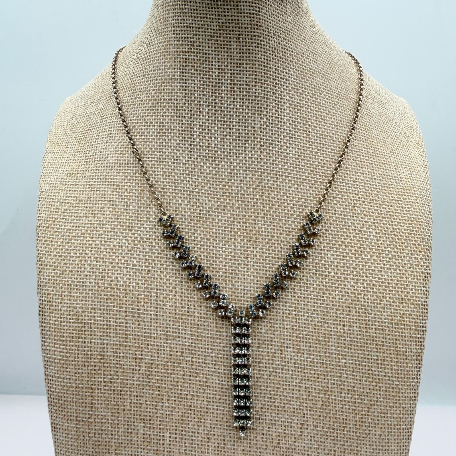 Vintage Y2K Silver Tone Clear Rhinestone Y Necklace Statement Women's Jewelry - Thumbnail 2