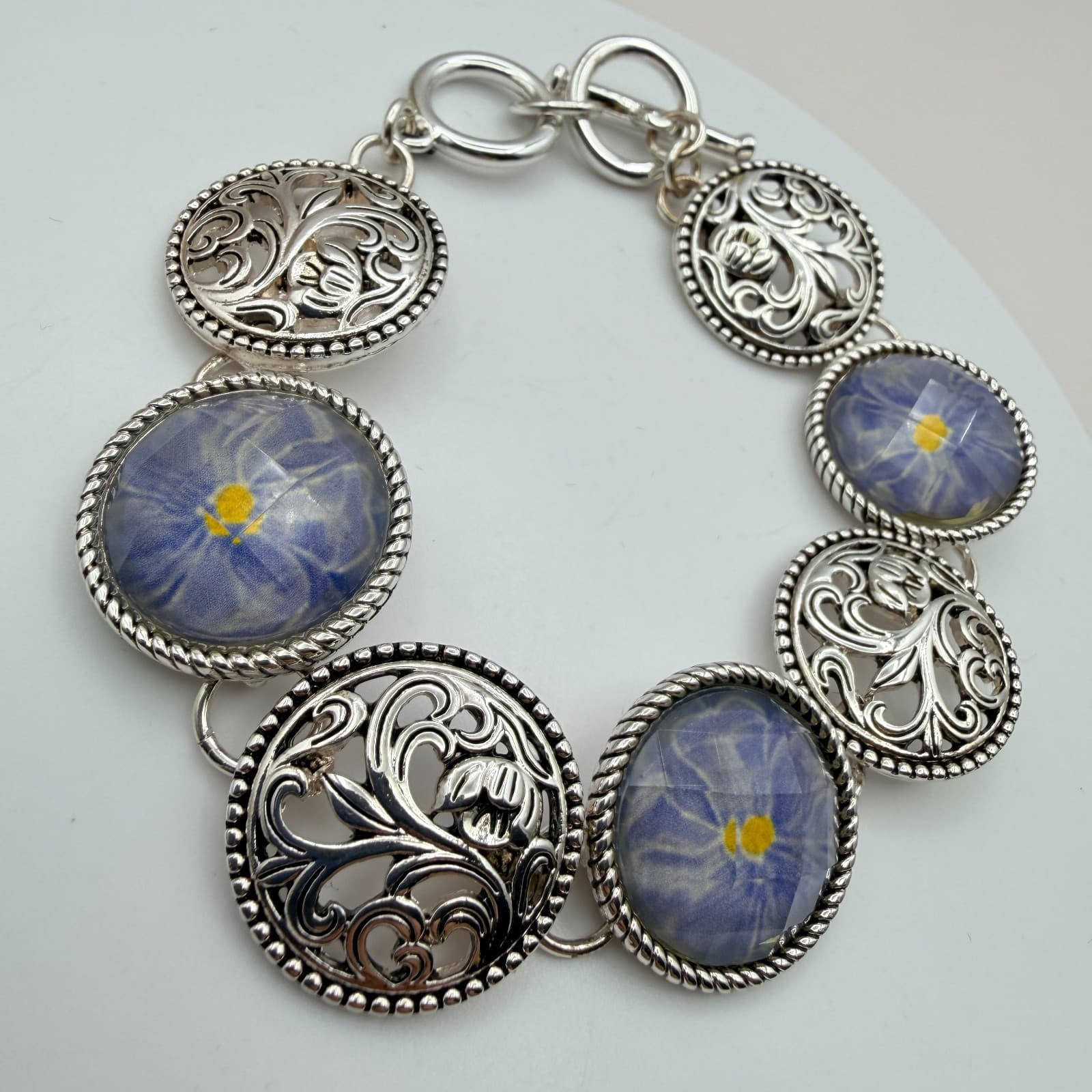 Vintage 90s Silver Tone Blue Flower Glass Cabochon Classic Fashion Jewelry Set - Thumbnail 9