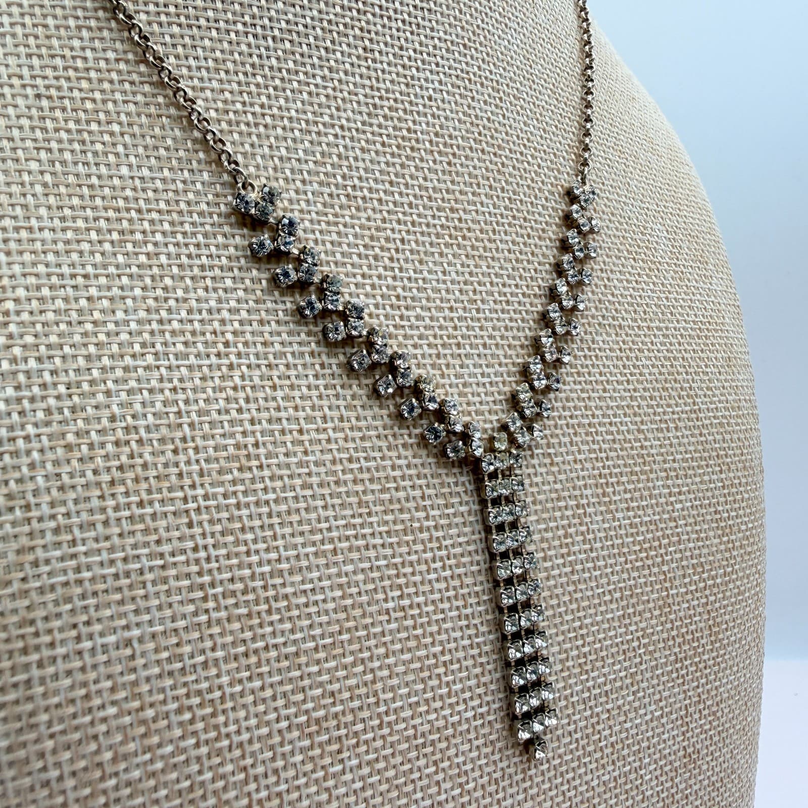 Vintage Y2K Silver Tone Clear Rhinestone Y Necklace Statement Women's Jewelry - Thumbnail 4