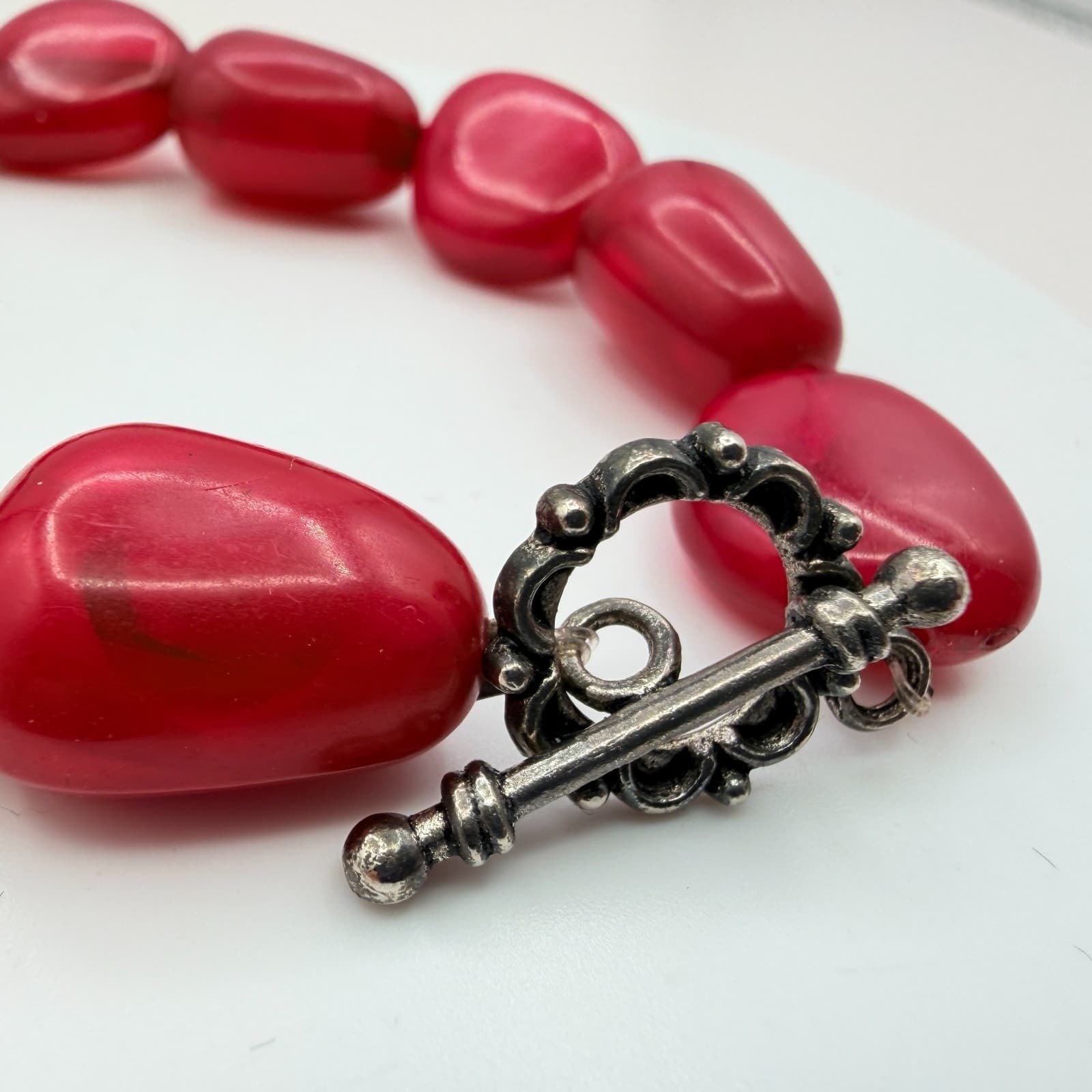 Vintage 90s Red Glass Nugget Bracelet Bold Chunky Statement Boho Fashion Jewelry - Thumbnail 5