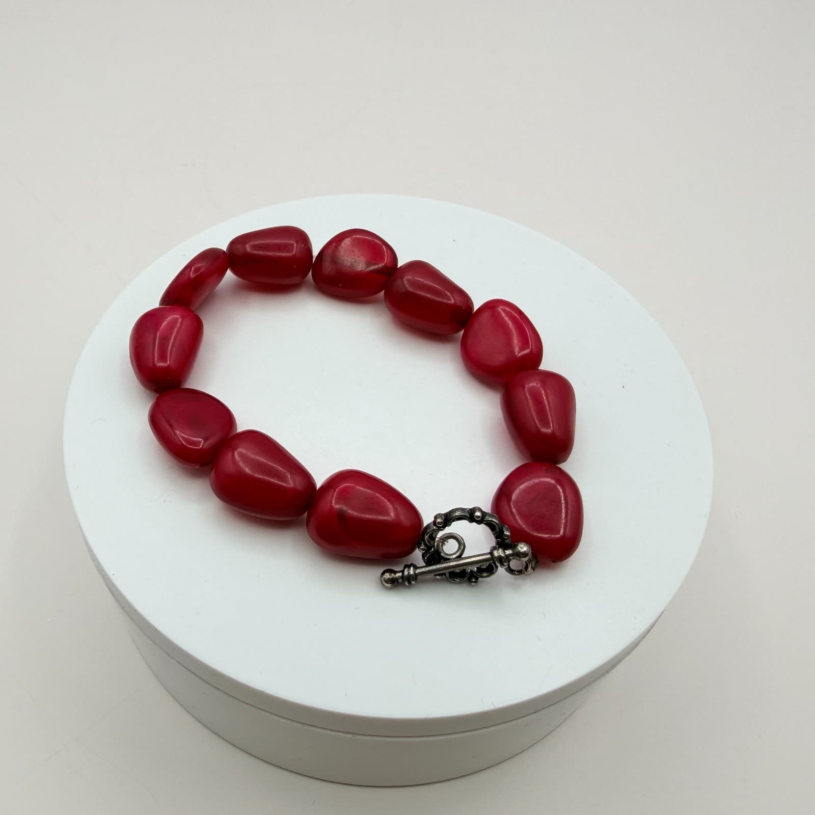 Vintage 90s Red Glass Nugget Bracelet Bold Chunky Statement Boho Fashion Jewelry - Thumbnail 6