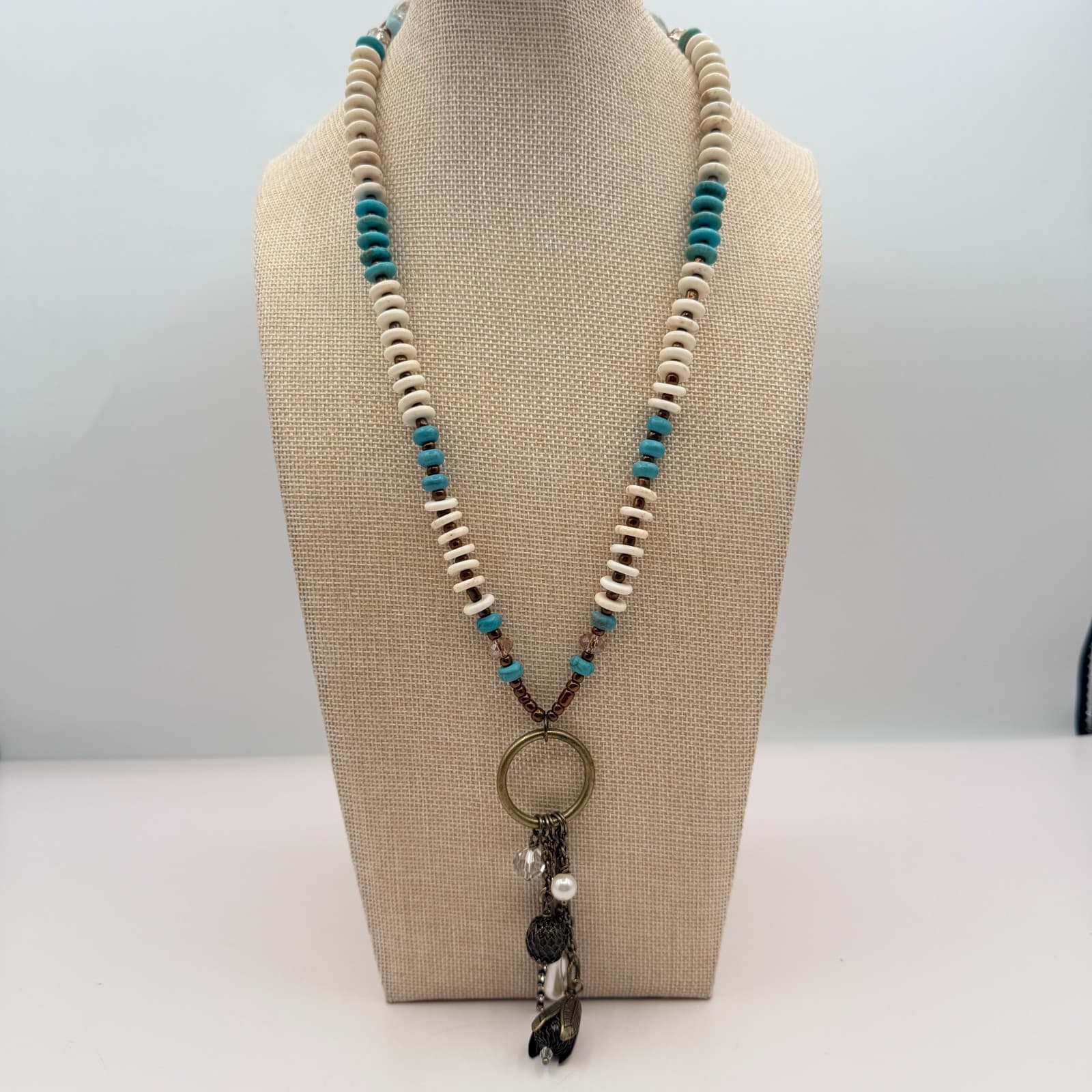 Vintage Y2K Bronze Tone Beaded Charm Pendant Boho Necklace Women's Jewelry - Thumbnail 3