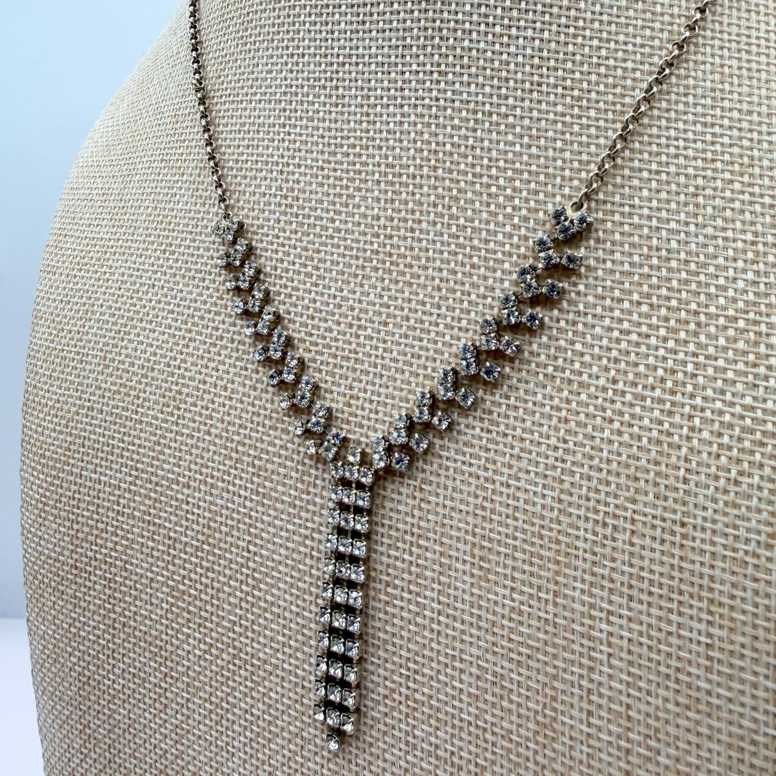 Vintage Y2K Silver Tone Clear Rhinestone Y Necklace Statement Women's Jewelry - Thumbnail 6