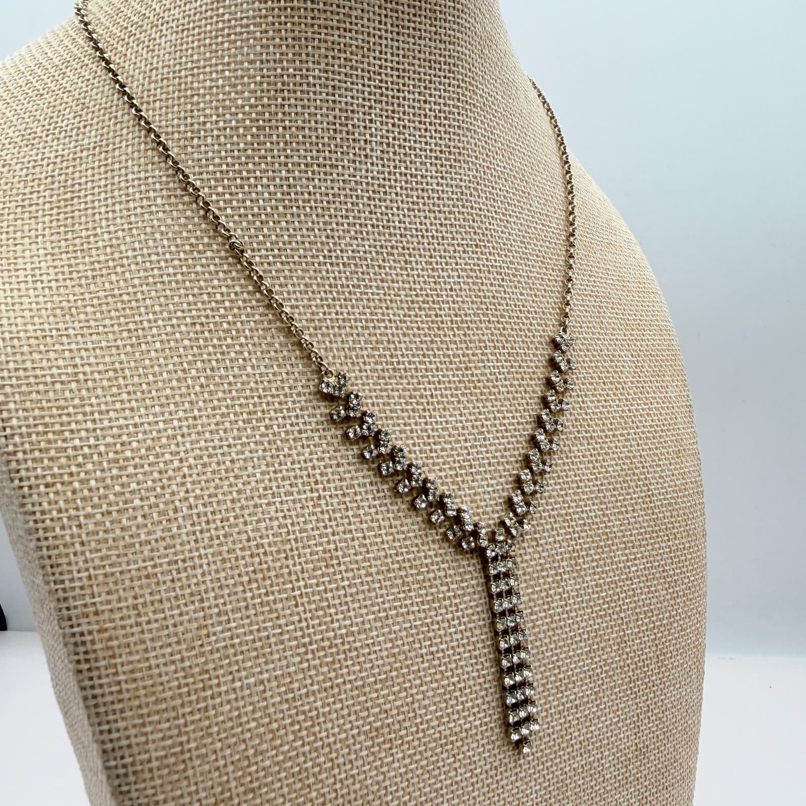 Vintage Y2K Silver Tone Clear Rhinestone Y Necklace Statement Women's Jewelry - Thumbnail 5