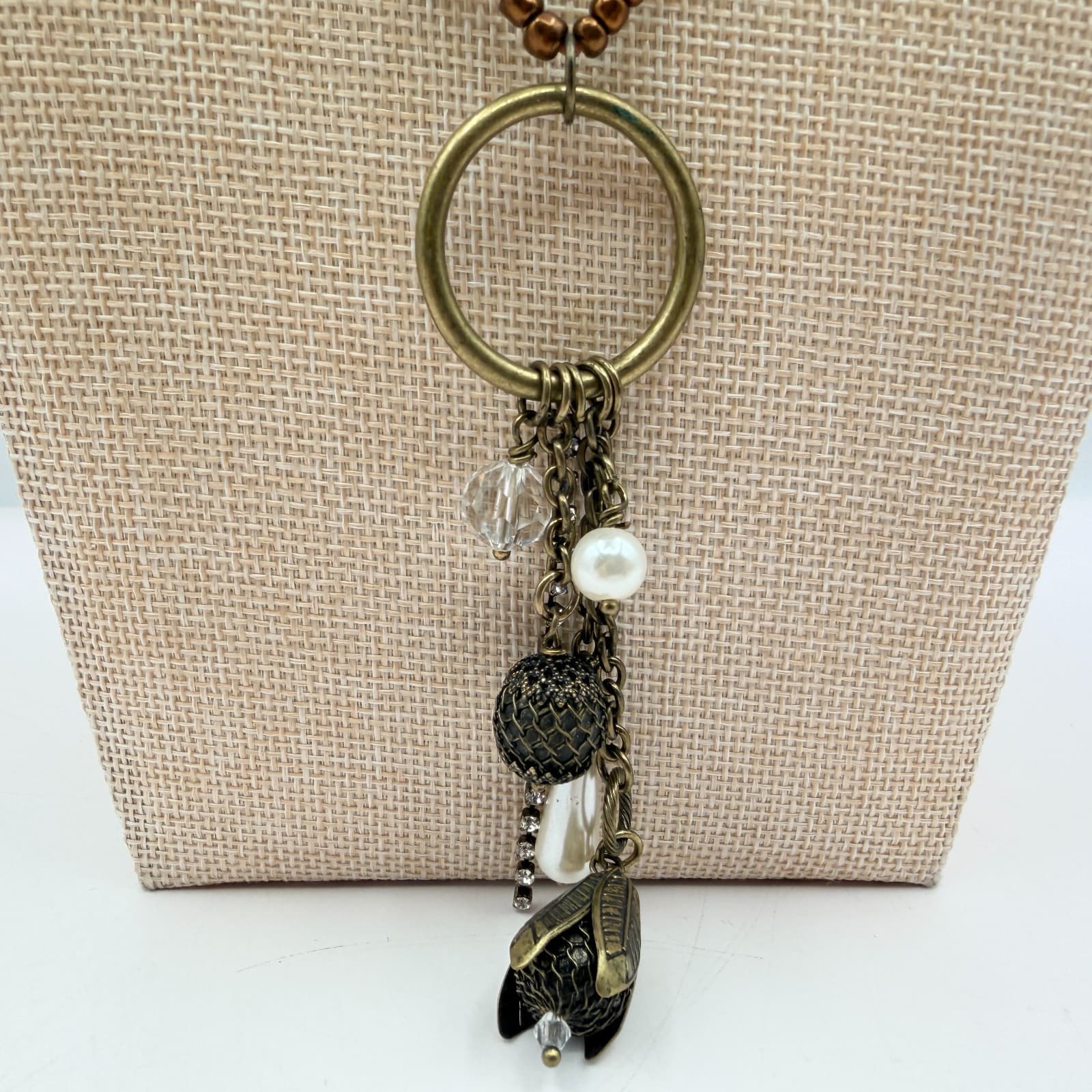 Vintage Y2K Bronze Tone Beaded Charm Pendant Boho Necklace Women's Jewelry - Thumbnail 5