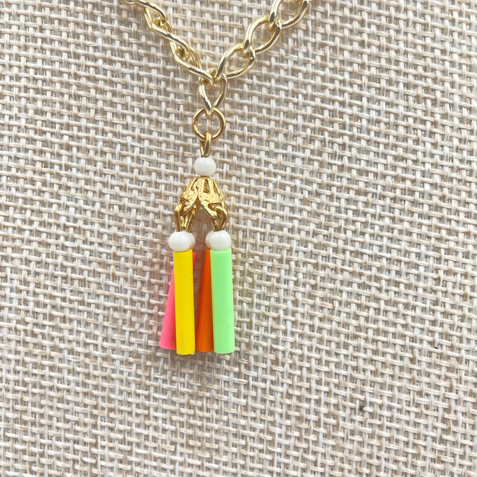 Vintage Bohemian Gold-Tone Chain Neon-Colored Tassels Charm Pendant Necklace - Thumbnail 3