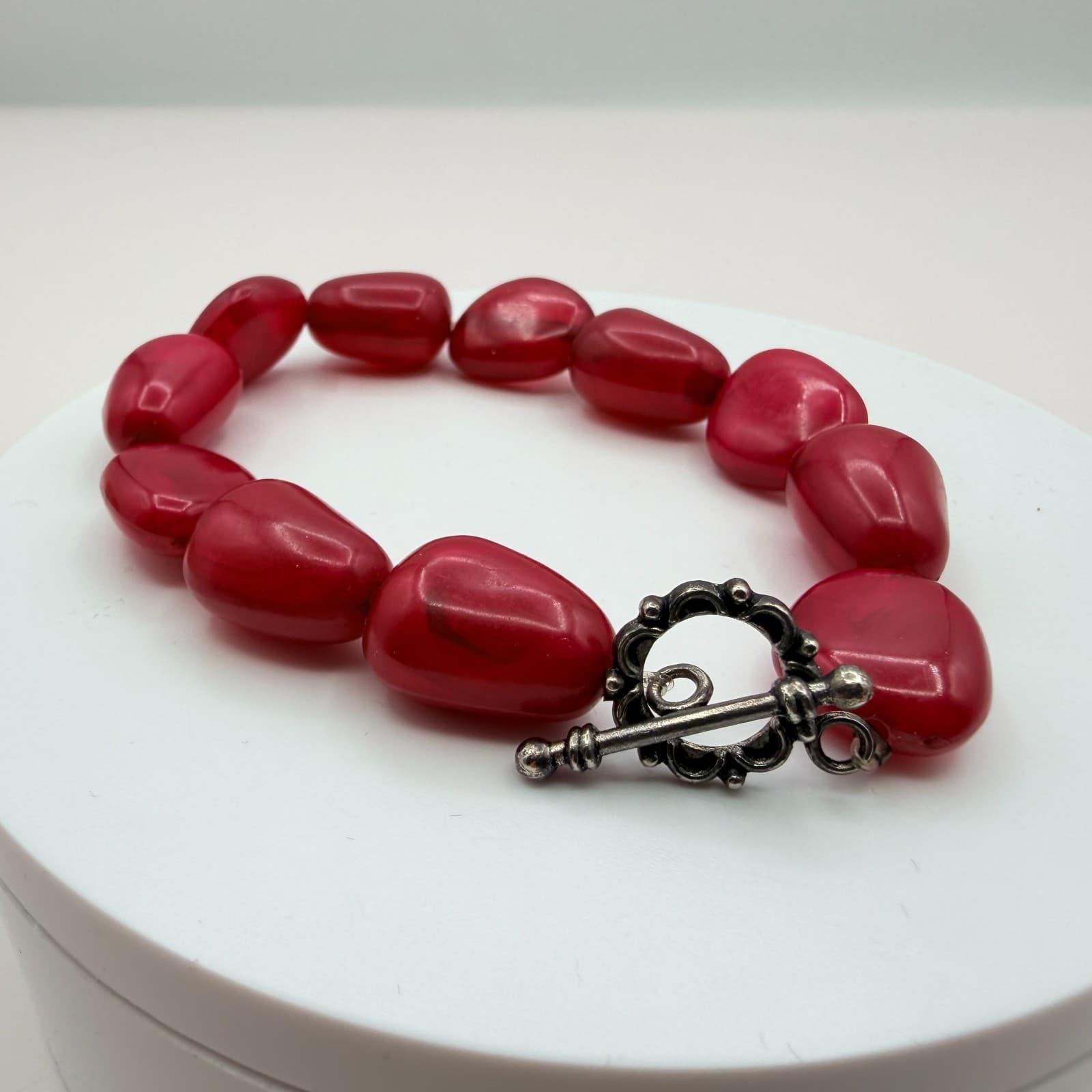 Vintage 90s Red Glass Nugget Bracelet Bold Chunky Statement Boho Fashion Jewelry - Thumbnail 3