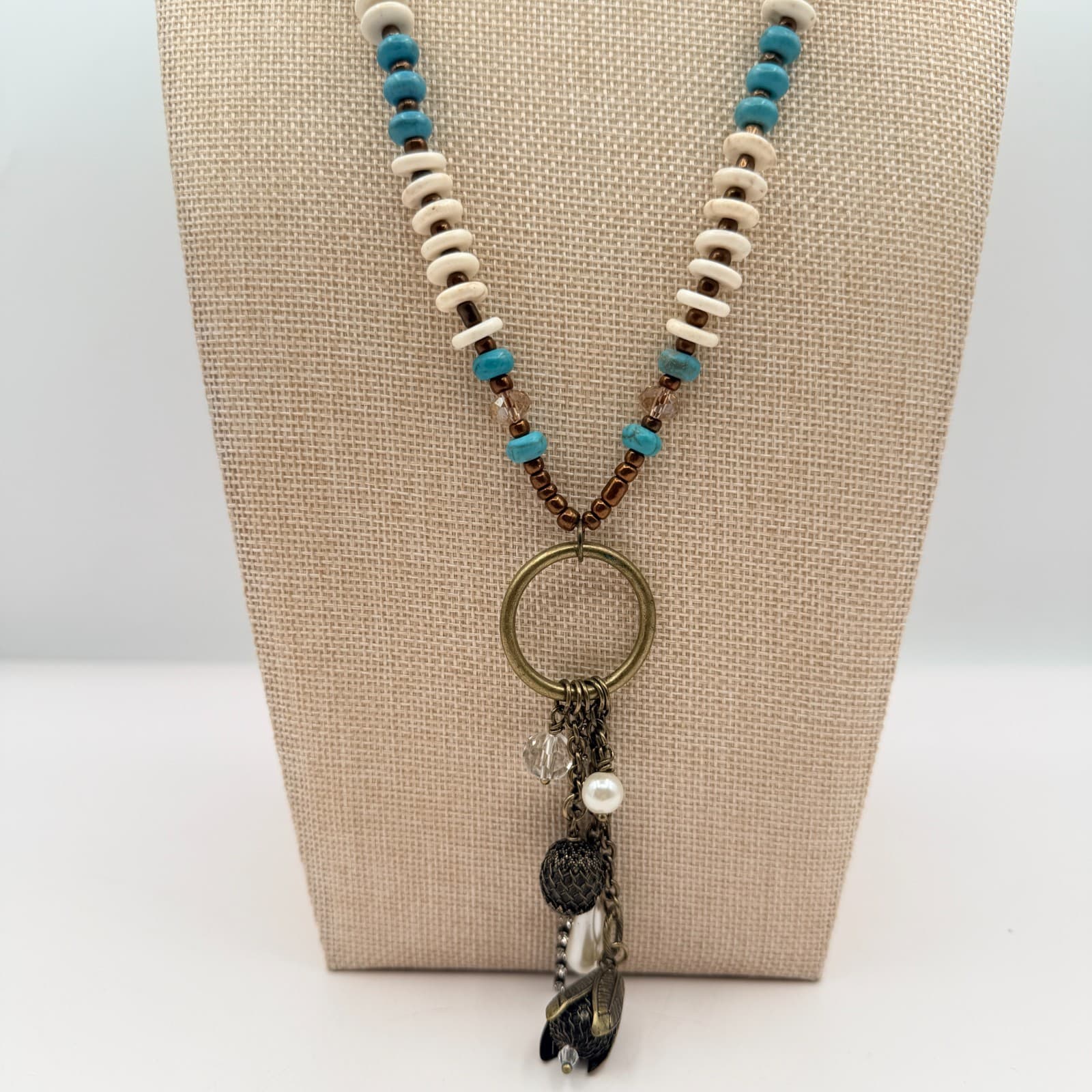 Vintage Y2K Bronze Tone Beaded Charm Pendant Boho Necklace Women's Jewelry - Image 1