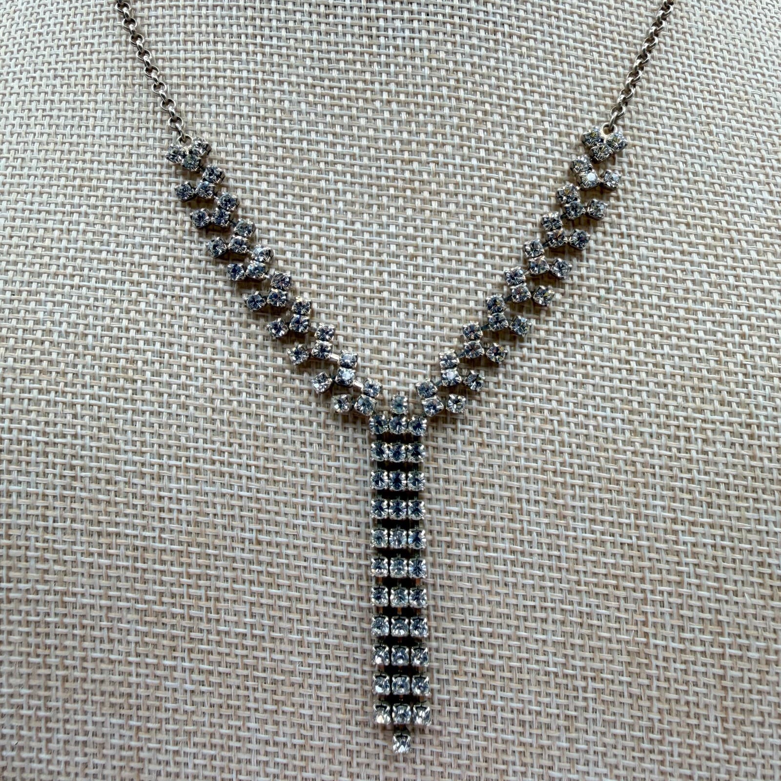Vintage Y2K Silver Tone Clear Rhinestone Y Necklace Statement Women's Jewelry - Thumbnail 3