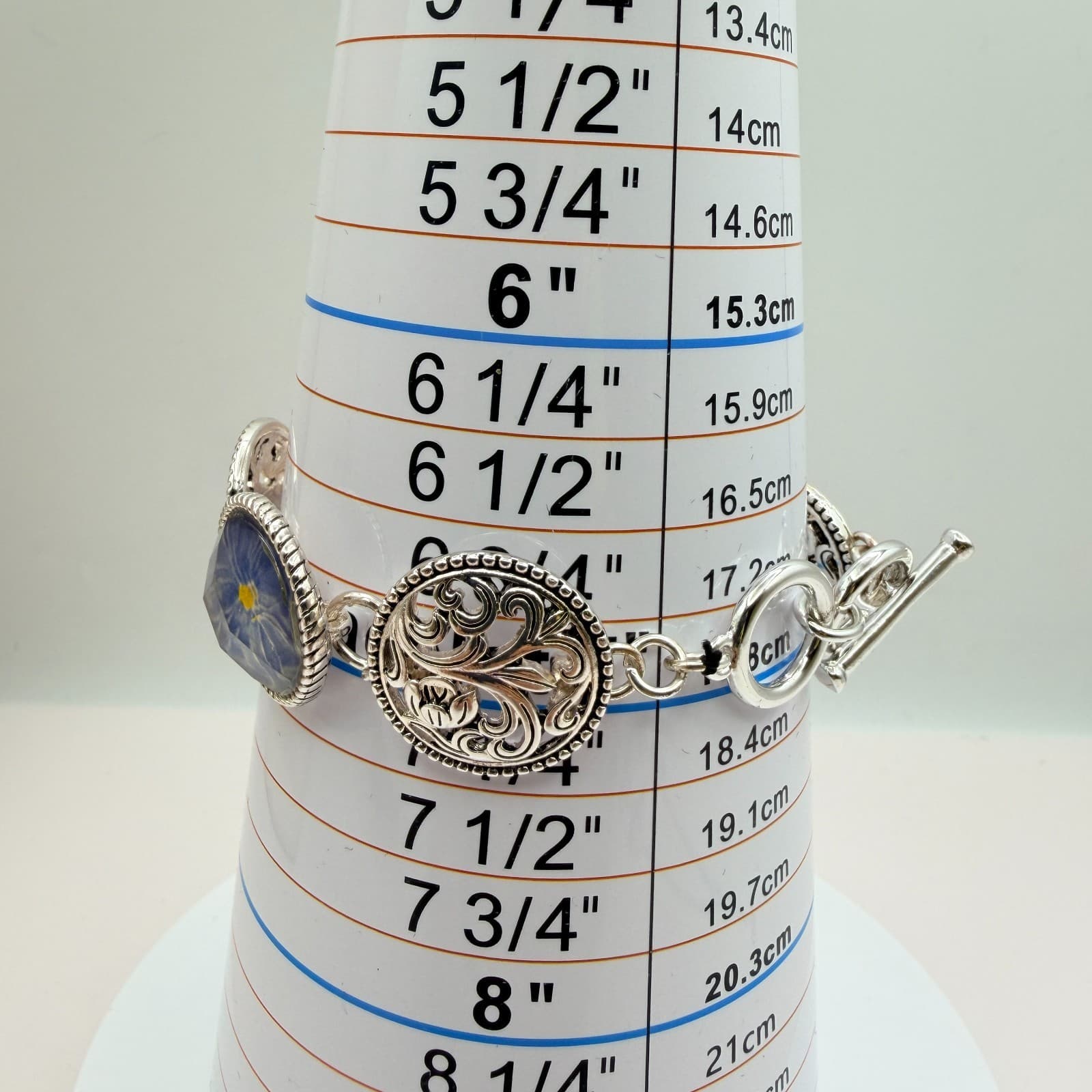 Vintage 90s Silver Tone Blue Flower Glass Cabochon Classic Fashion Jewelry Set - Thumbnail 21