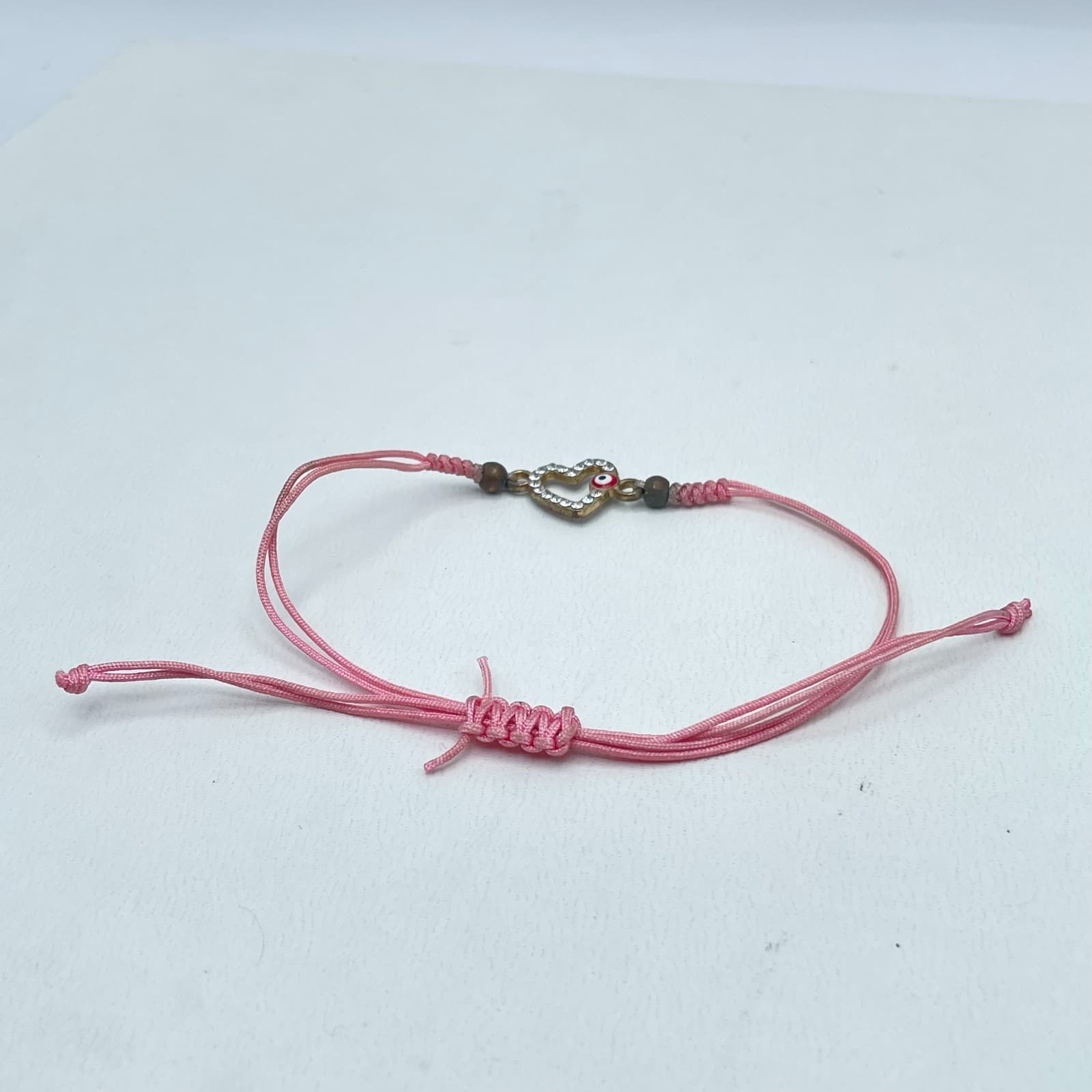 Y2K Adjustable Rhinestone Embellish Evil Eye Pink Cord Heart Charm Bracelet - Thumbnail 5