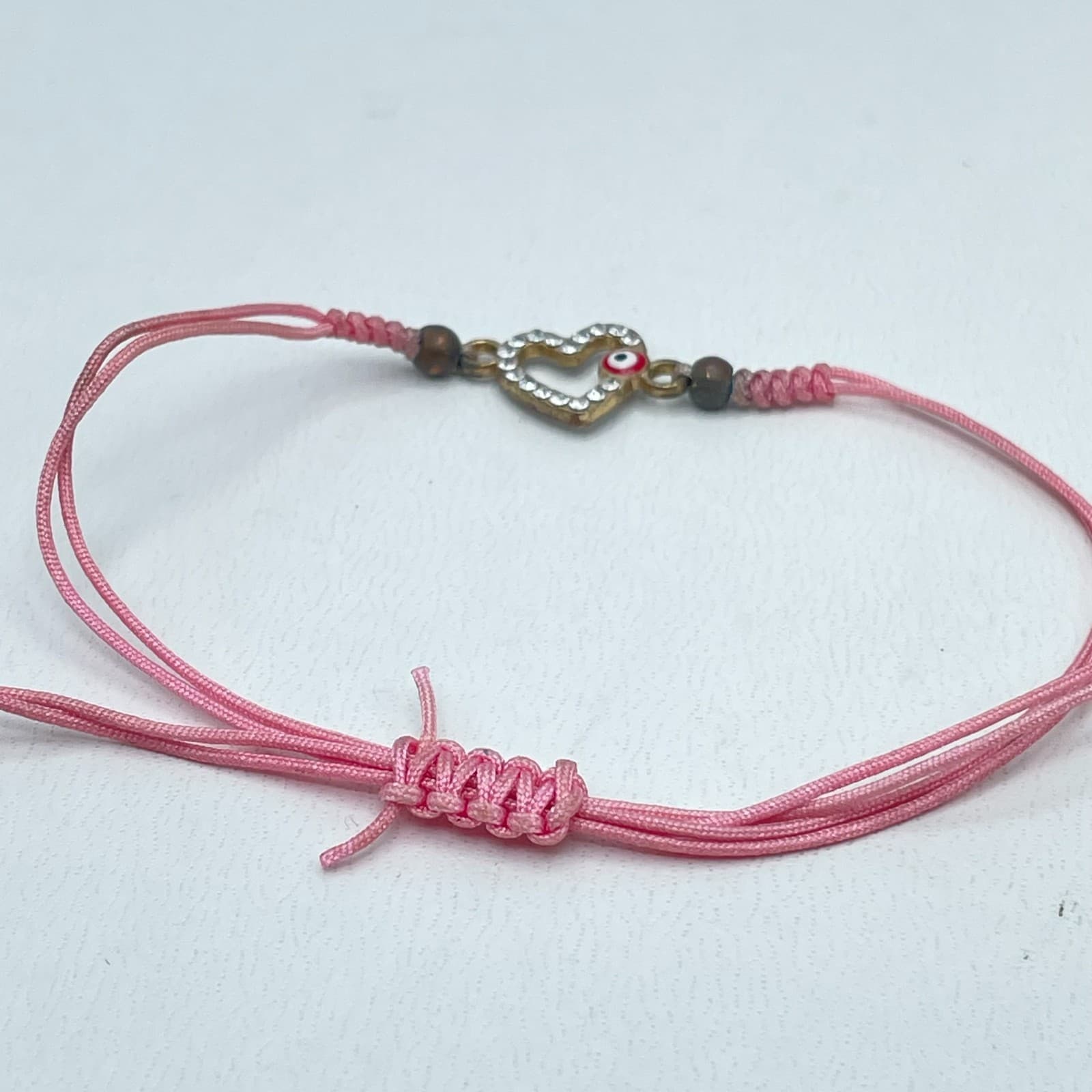 Y2K Adjustable Rhinestone Embellish Evil Eye Pink Cord Heart Charm Bracelet - Thumbnail 6