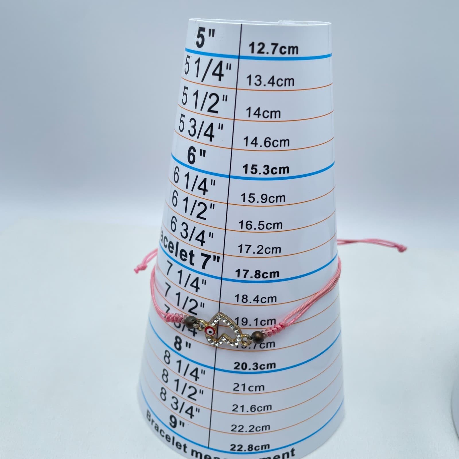 Y2K Adjustable Rhinestone Embellish Evil Eye Pink Cord Heart Charm Bracelet - Thumbnail 7