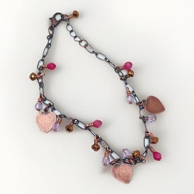 Bohemian Copper-Tone Faceted Glass Beads Heart Charm Fringe Lobster Bracelet - Image 1
