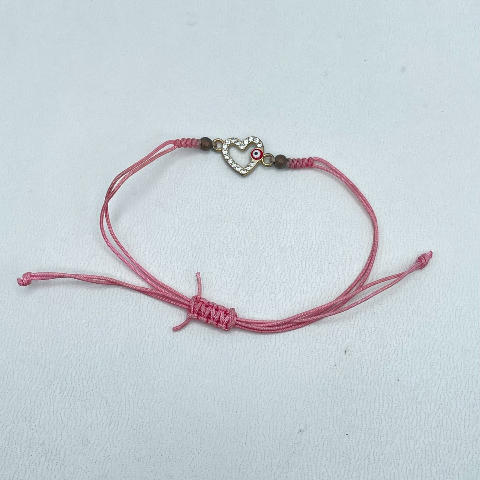 Y2K Adjustable Rhinestone Embellish Evil Eye Pink Cord Heart Charm Bracelet - Thumbnail 4