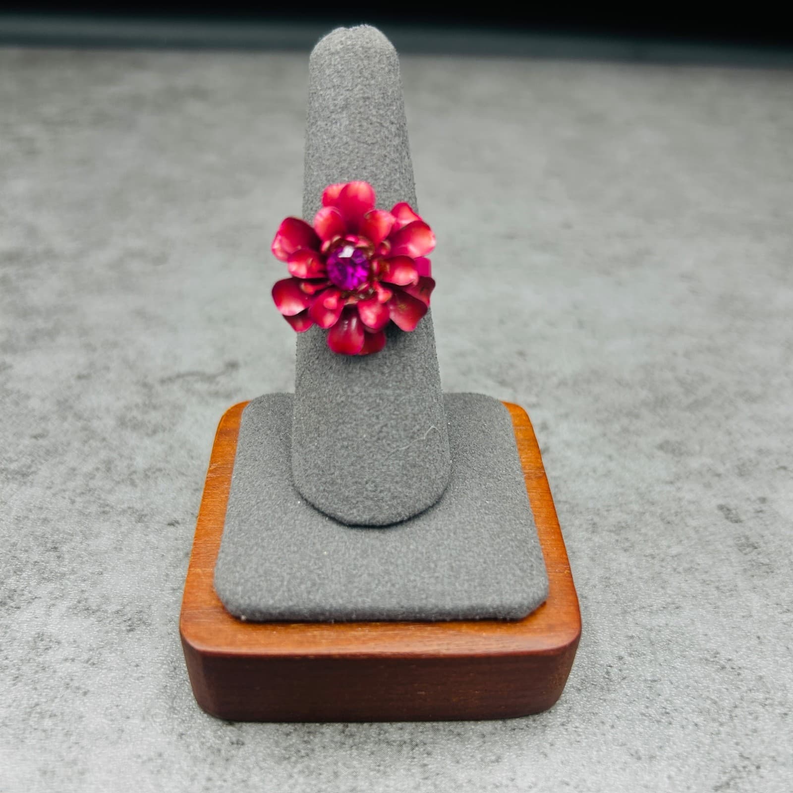 Vintage Pink Enamel Flower Ring w/ Fuchsia Rhinestone Center Statement - Image 1