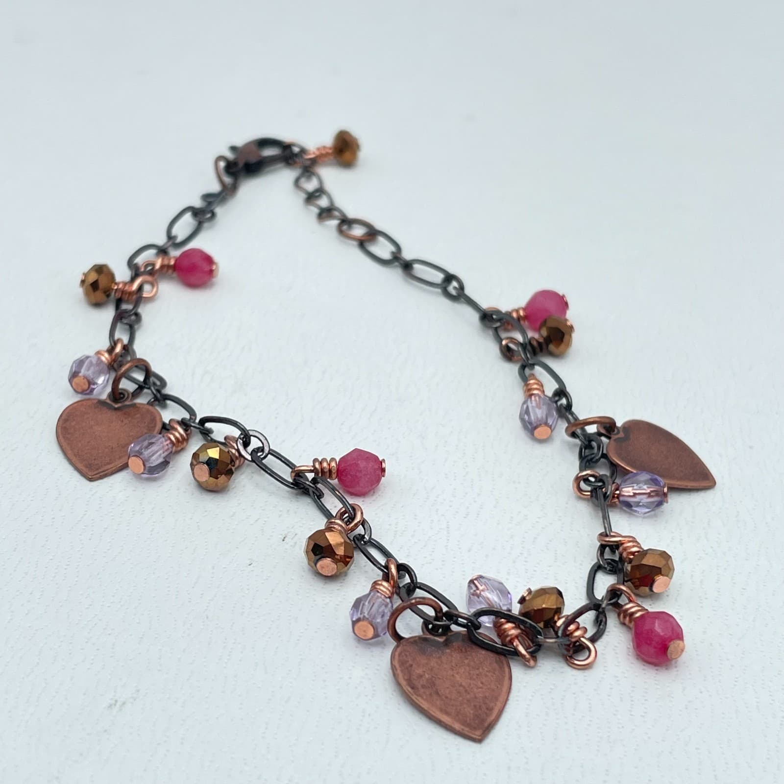 Bohemian Copper-Tone Faceted Glass Beads Heart Charm Fringe Lobster Bracelet - Thumbnail 2