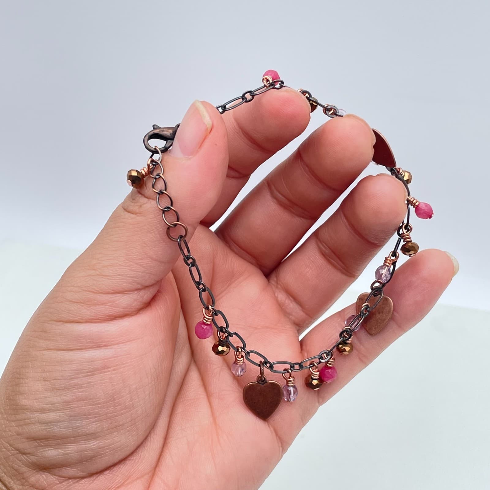 Bohemian Copper-Tone Faceted Glass Beads Heart Charm Fringe Lobster Bracelet - Thumbnail 3