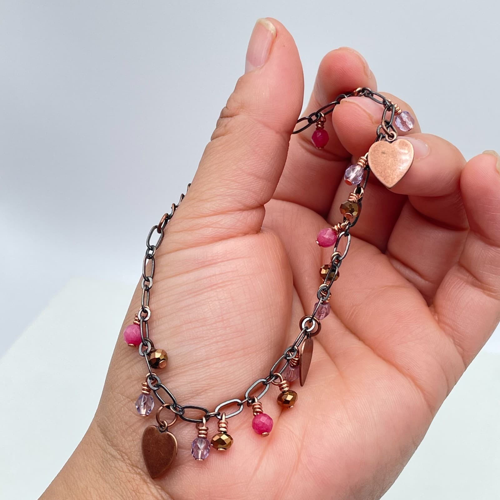 Bohemian Copper-Tone Faceted Glass Beads Heart Charm Fringe Lobster Bracelet - Thumbnail 4