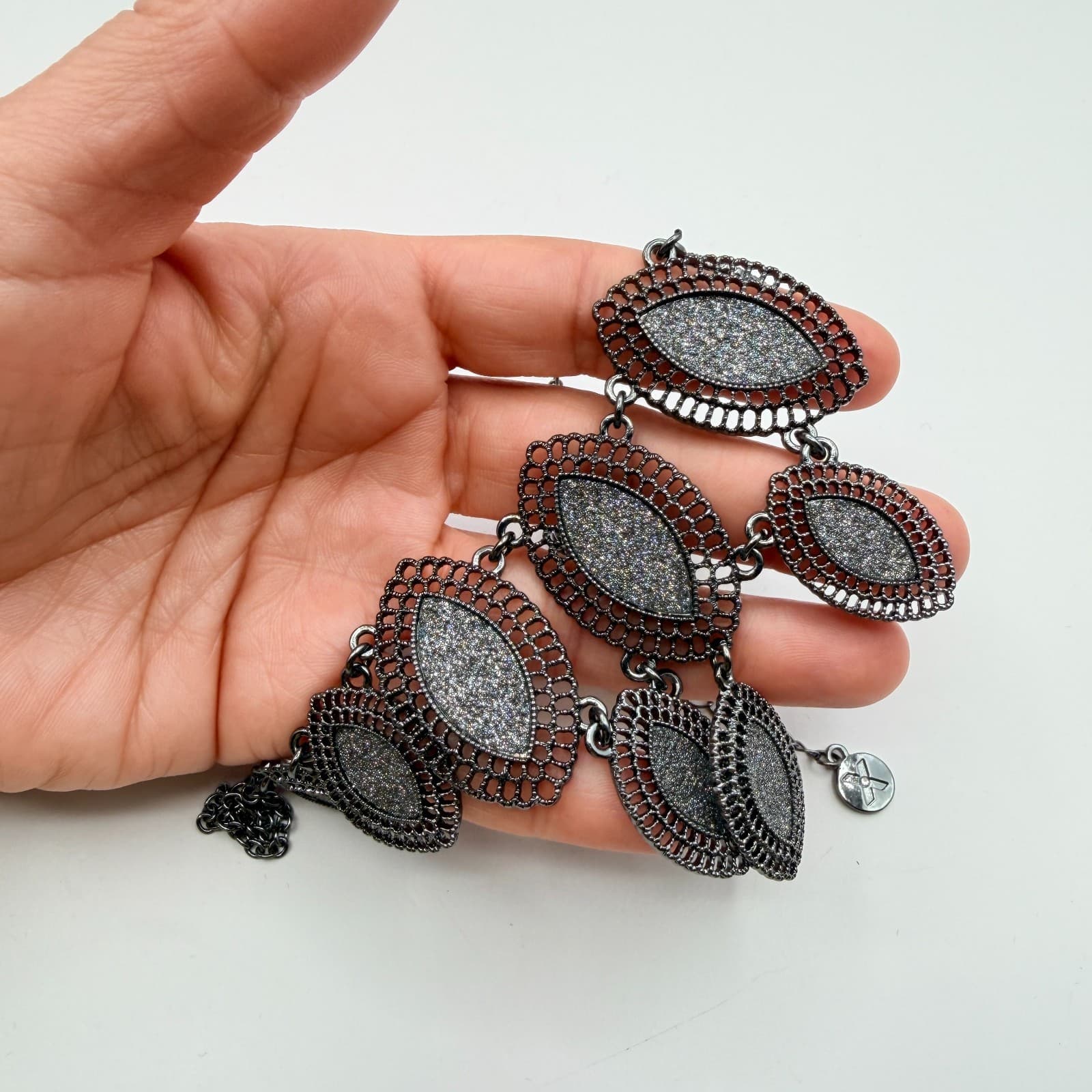 Vintage 90s Bib Necklace Gunmetal Shimmer Silver Marquise Statement Boho Jewelry - Thumbnail 8