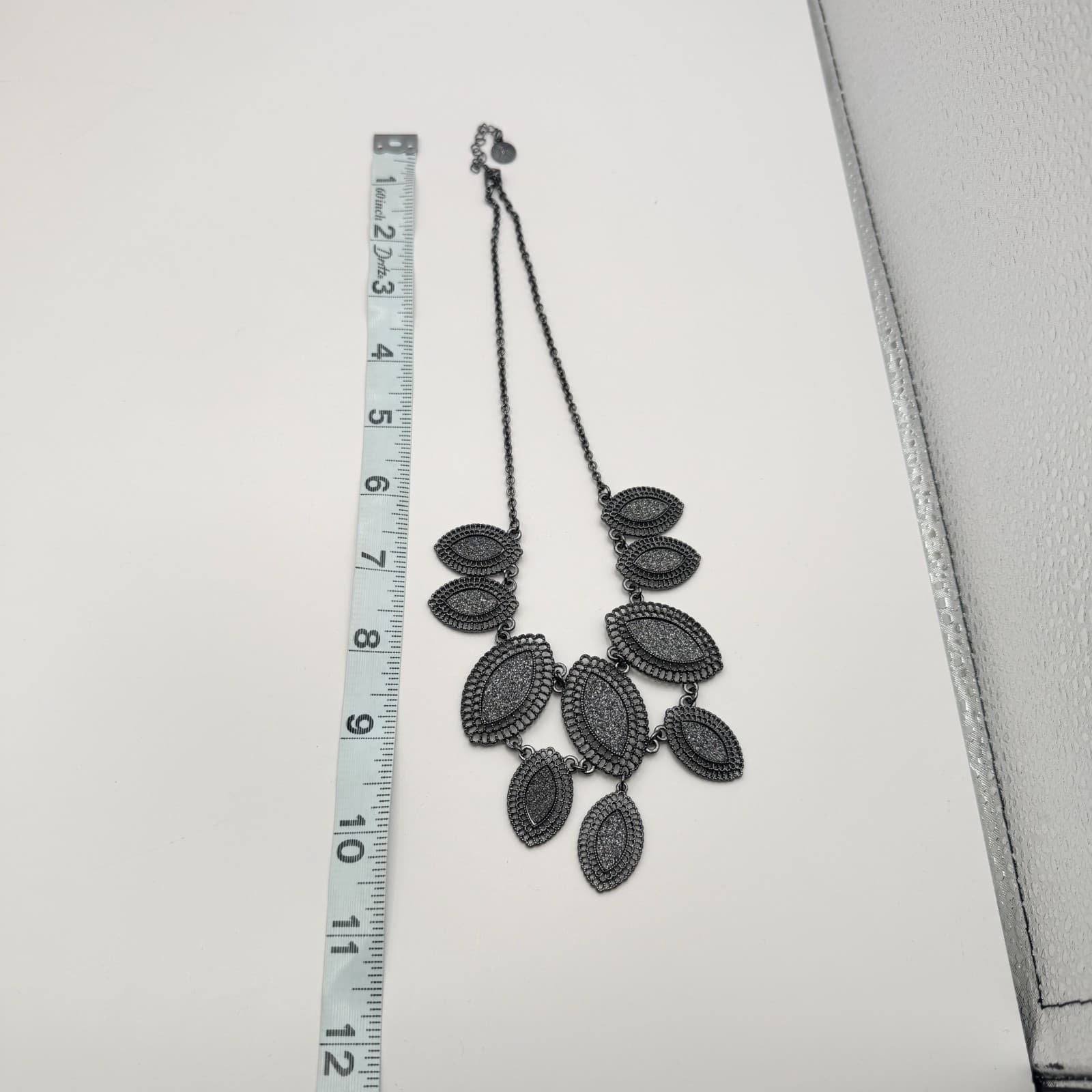 Vintage 90s Bib Necklace Gunmetal Shimmer Silver Marquise Statement Boho Jewelry - Thumbnail 9