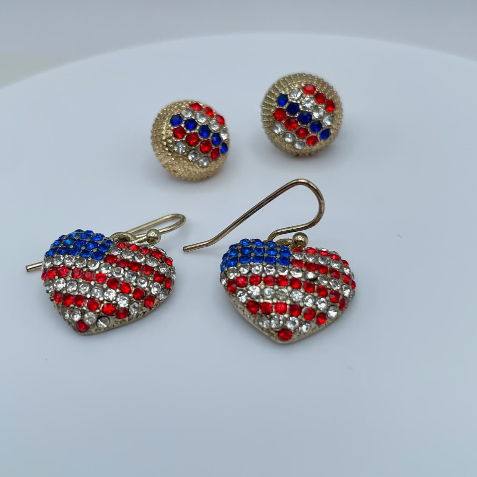 Vintage 90s USA Flag Heart & Stud Gold Tone Earrings Set Women's Classic Jewelry - Thumbnail 7