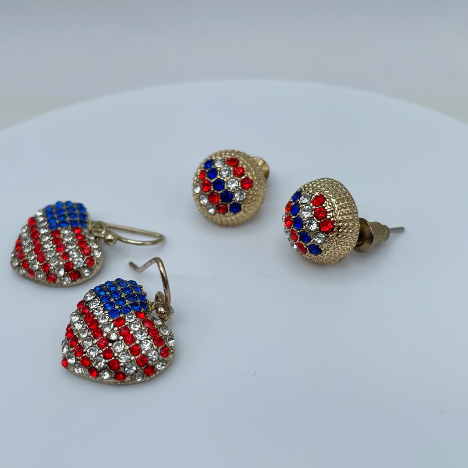 Vintage 90s USA Flag Heart & Stud Gold Tone Earrings Set Women's Classic Jewelry - Thumbnail 8