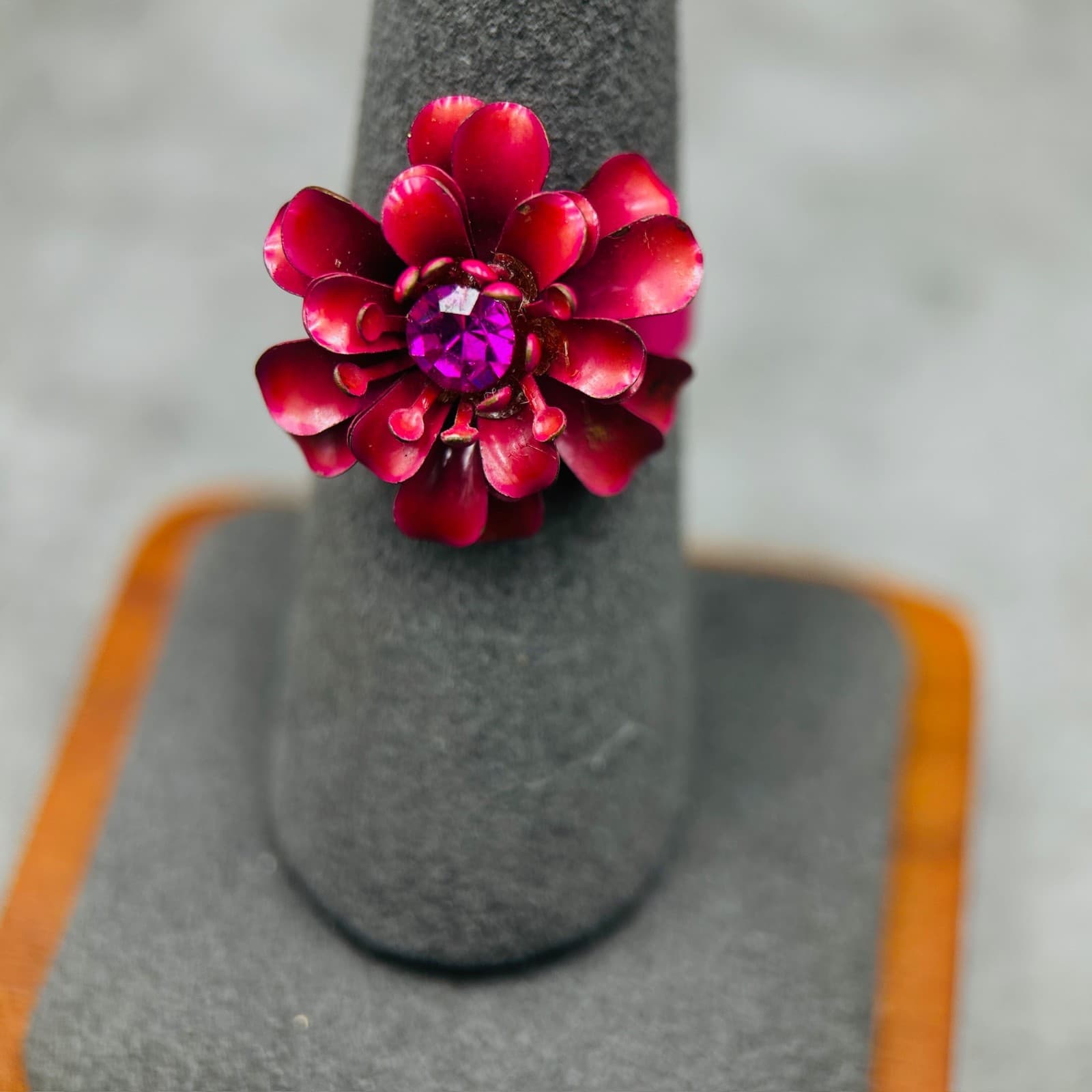 Vintage Pink Enamel Flower Ring w/ Fuchsia Rhinestone Center Statement - Thumbnail 2