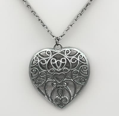 Y2K Silver Tone Filigree Heart Locket Necklace Scroll Design Romantic Pendant - Image 1