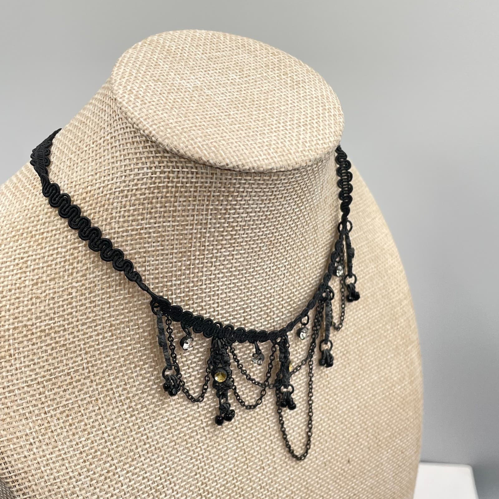 Gothic Adjustable Black Prong Rhinestone Beaded Collar Bib Lobster Necklace - Thumbnail 4