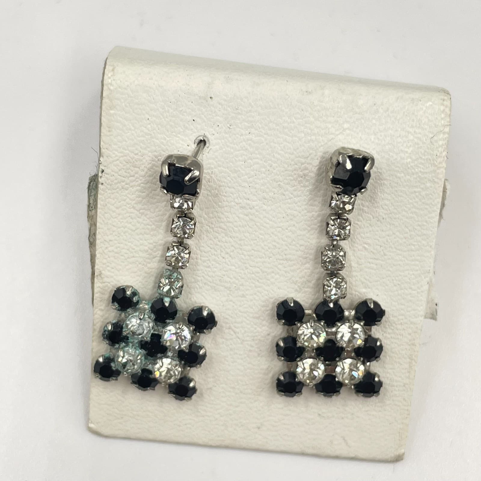 Vintage Silver-Tone Glamour Prong Rhinestone Beads Checkerboard Dangle Earrings - Thumbnail 2