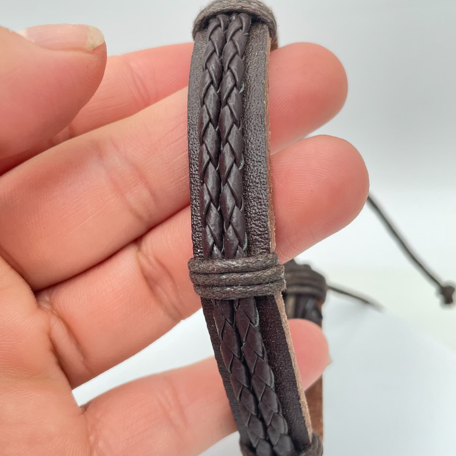 Contemporary Rustic Adjustable Brown Leather Braided Cords Slip Tie Bracelet - Thumbnail 7