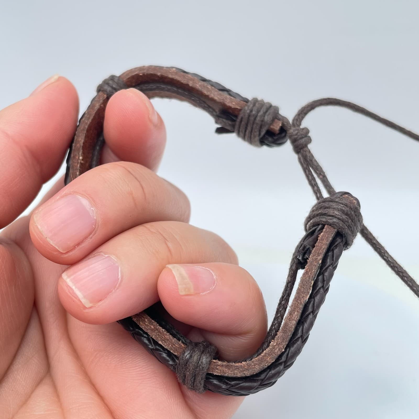 Contemporary Rustic Adjustable Brown Leather Braided Cords Slip Tie Bracelet - Thumbnail 3