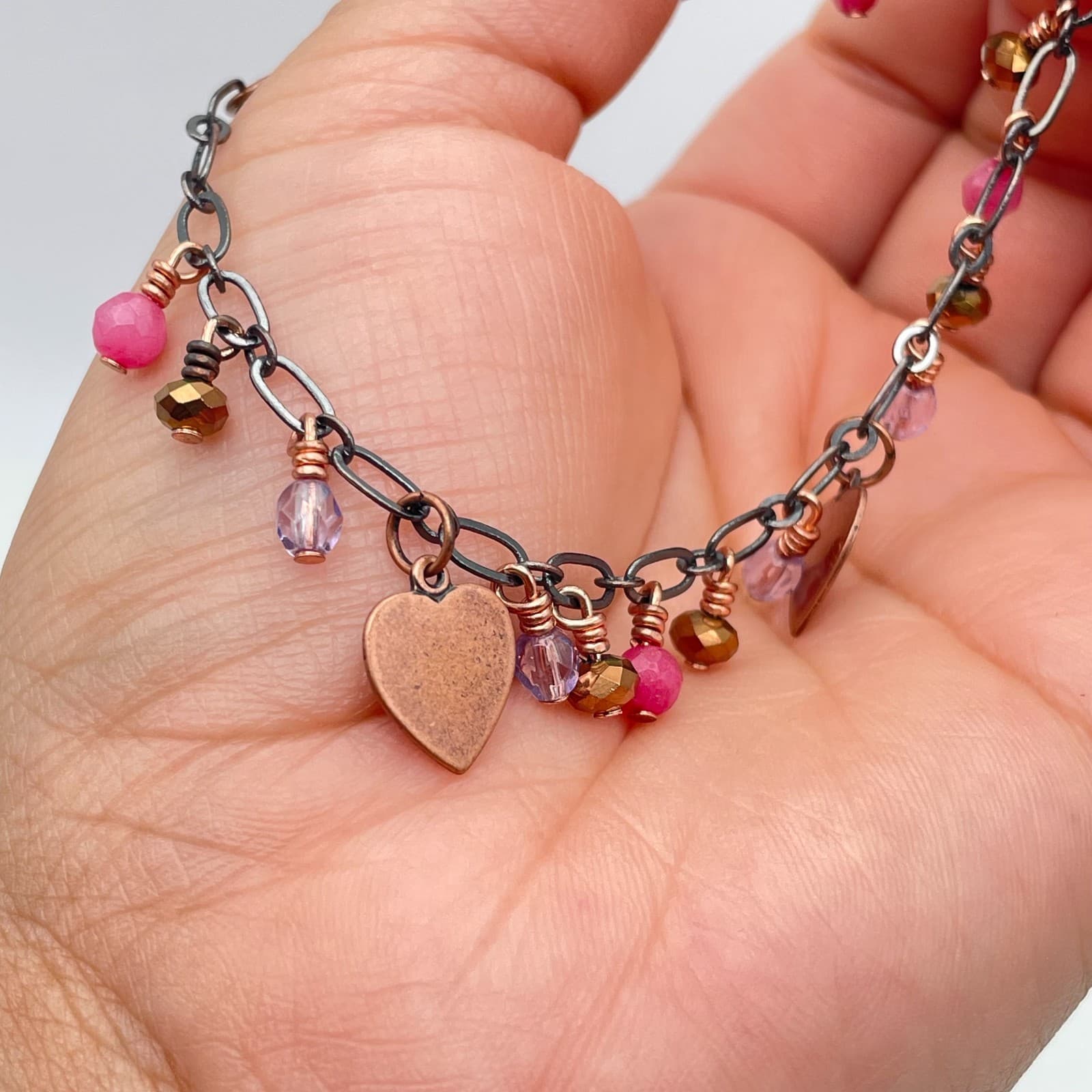 Bohemian Copper-Tone Faceted Glass Beads Heart Charm Fringe Lobster Bracelet - Thumbnail 5