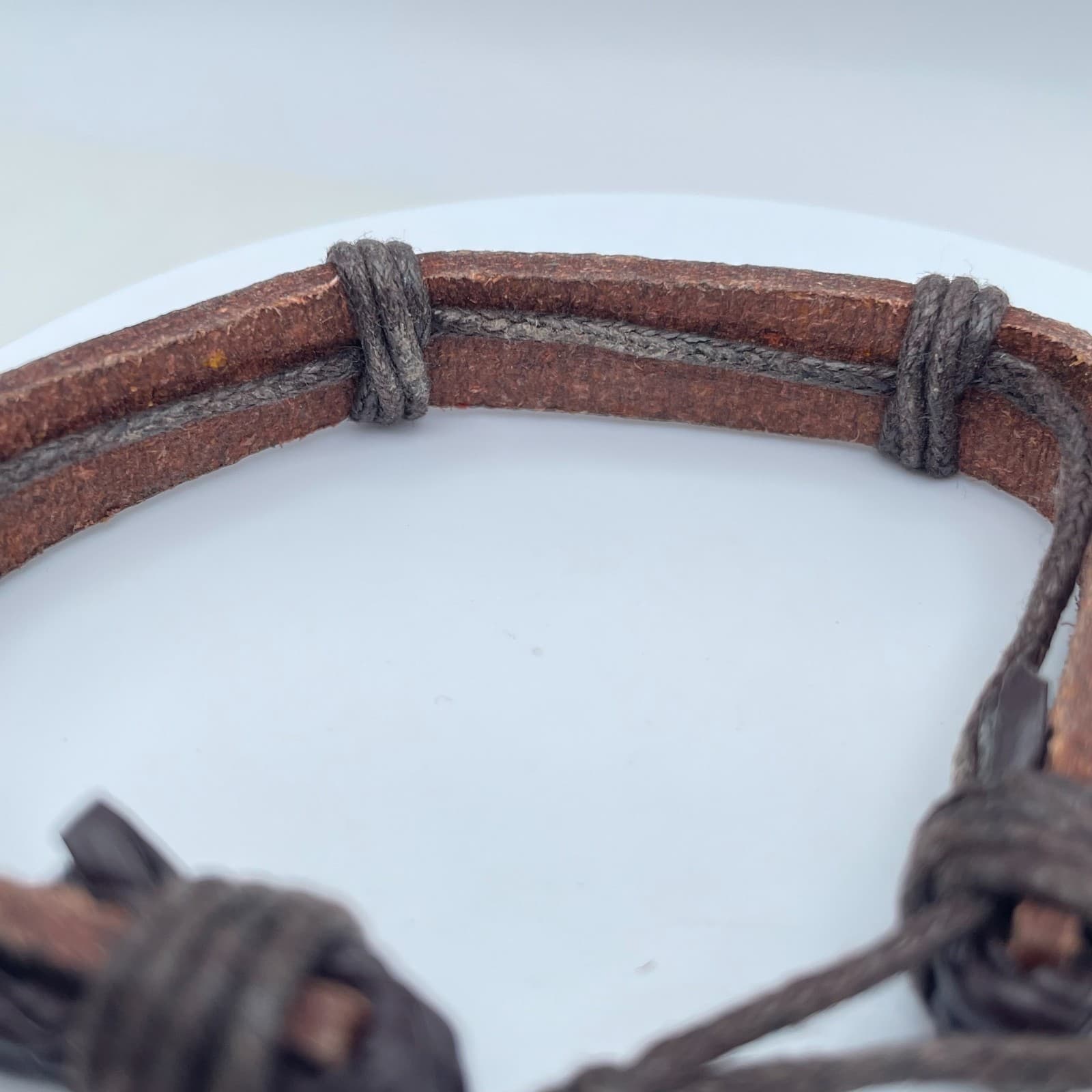 Contemporary Rustic Adjustable Brown Leather Braided Cords Slip Tie Bracelet - Thumbnail 6