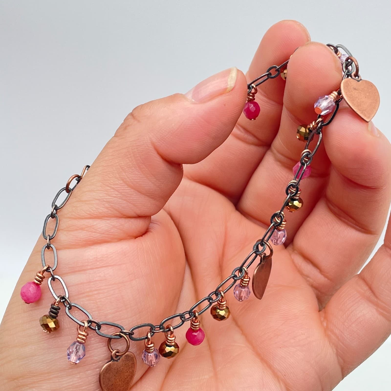 Bohemian Copper-Tone Faceted Glass Beads Heart Charm Fringe Lobster Bracelet - Thumbnail 6