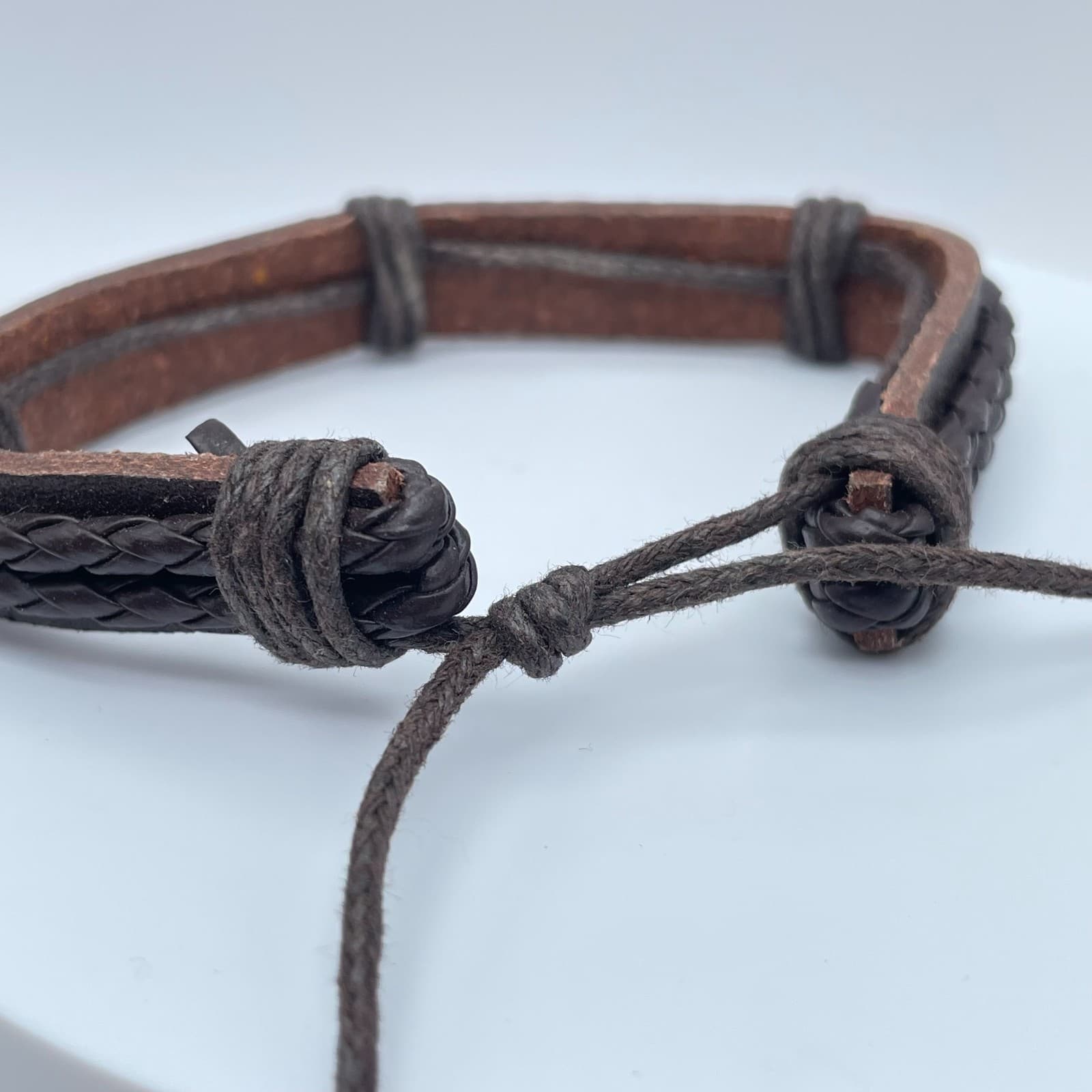 Contemporary Rustic Adjustable Brown Leather Braided Cords Slip Tie Bracelet - Thumbnail 5