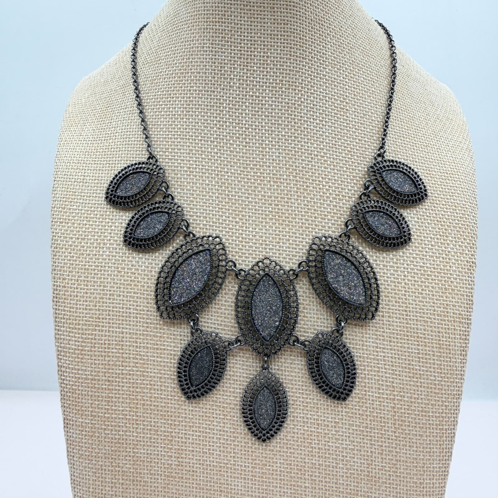 Vintage 90s Bib Necklace Gunmetal Shimmer Silver Marquise Statement Boho Jewelry - Image 1