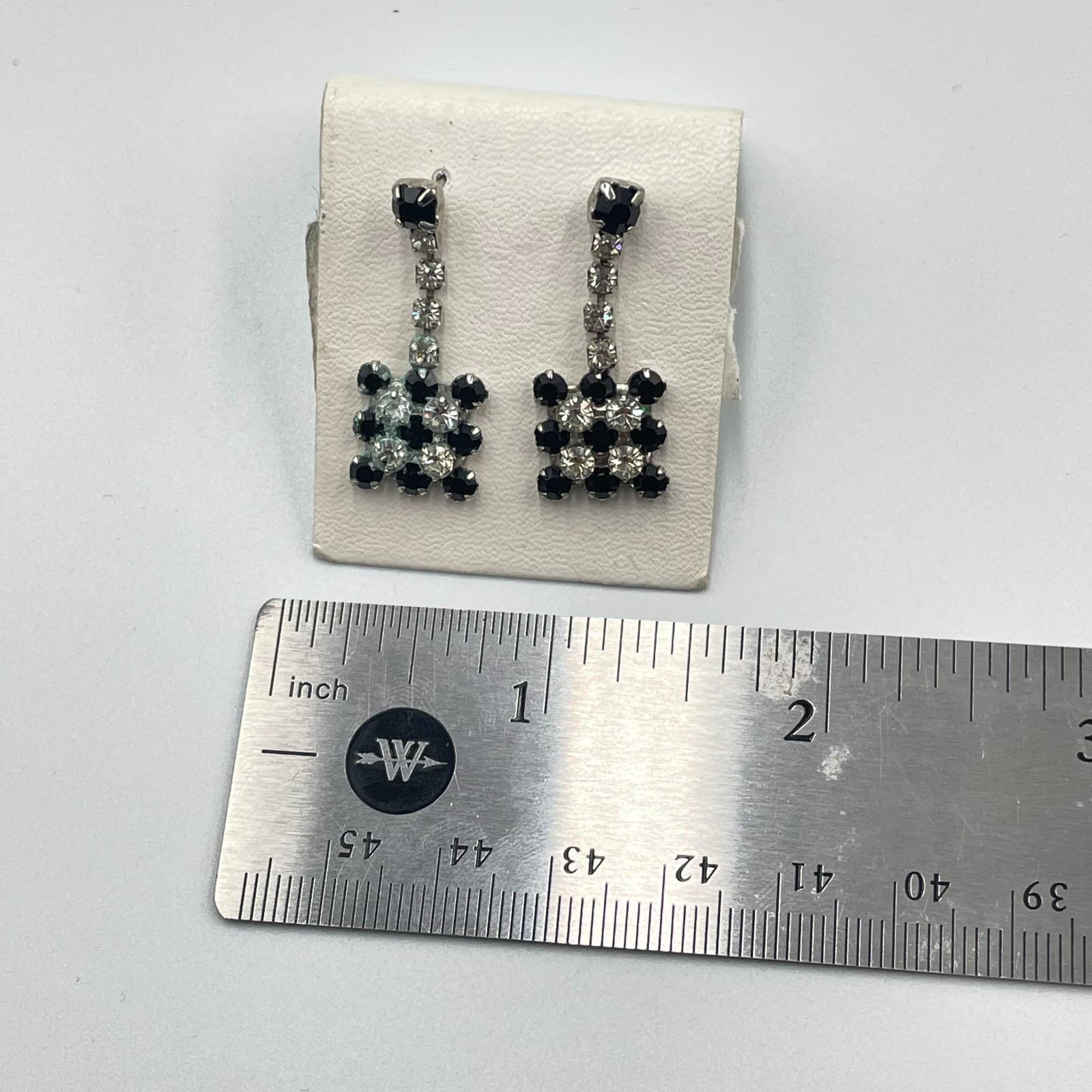 Vintage Silver-Tone Glamour Prong Rhinestone Beads Checkerboard Dangle Earrings - Thumbnail 6