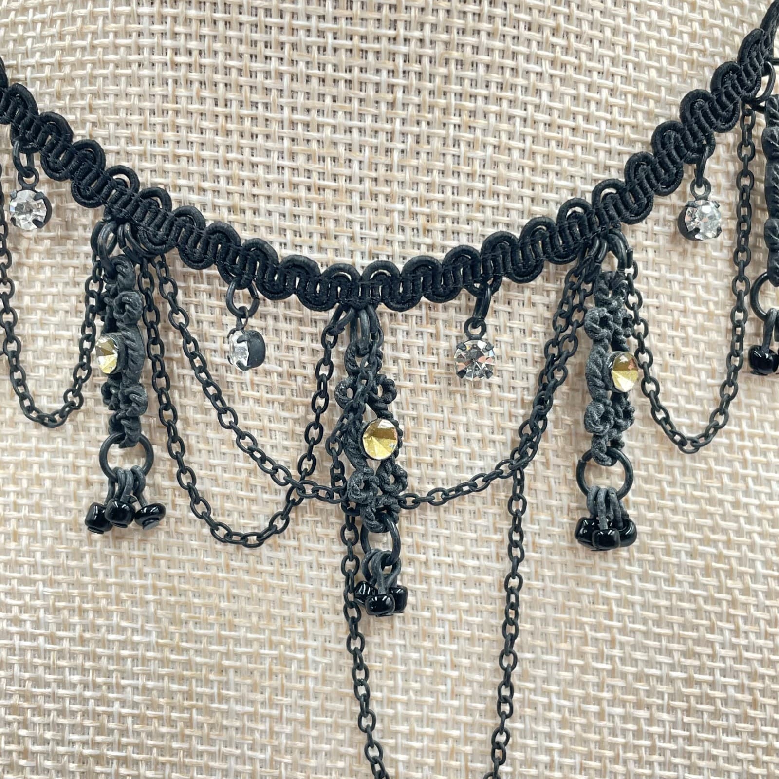 Gothic Adjustable Black Prong Rhinestone Beaded Collar Bib Lobster Necklace - Thumbnail 3