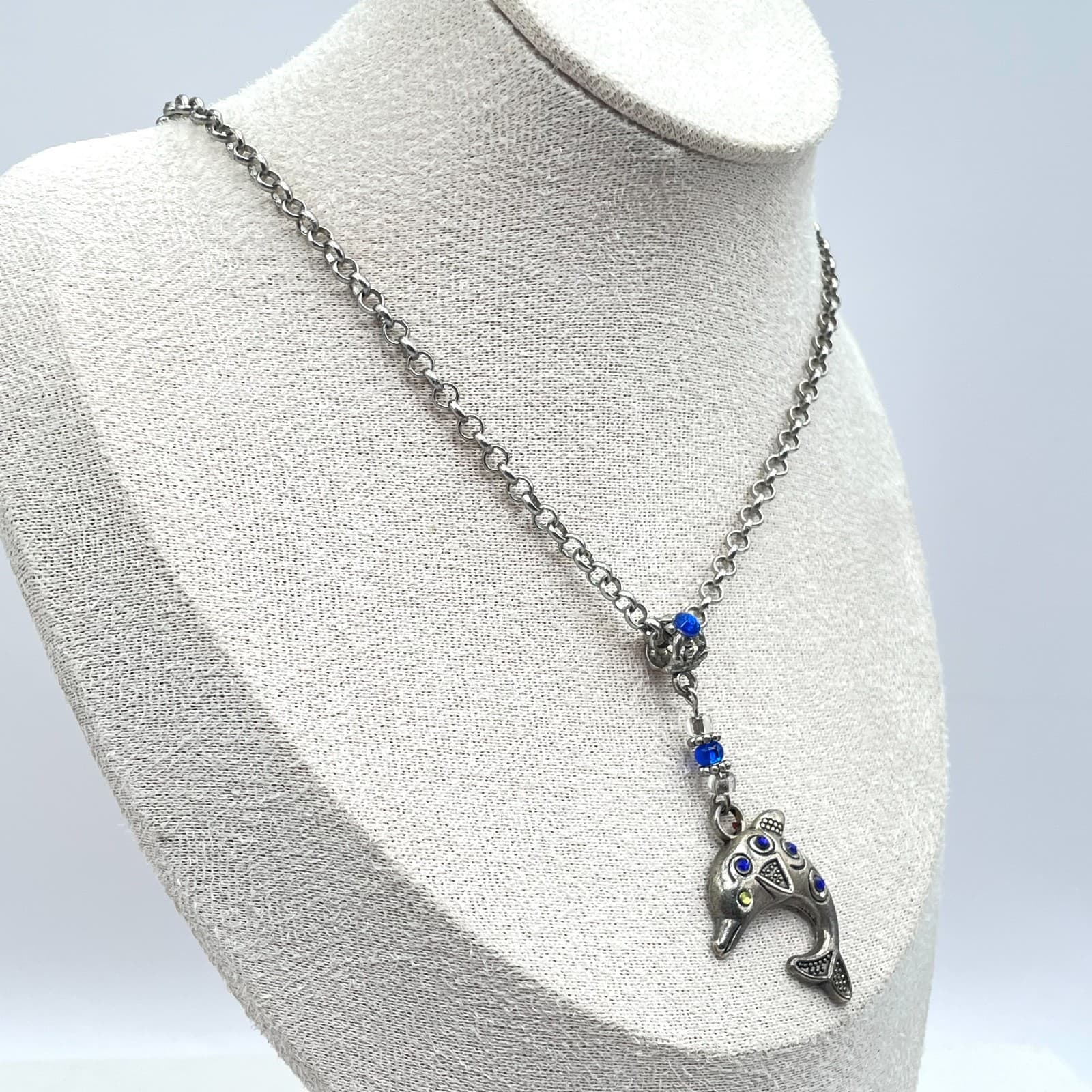 Vintage Silver-Tone Rolo Chain Blue Glass Beads Dolphin Pendant Lobster Necklace - Thumbnail 9