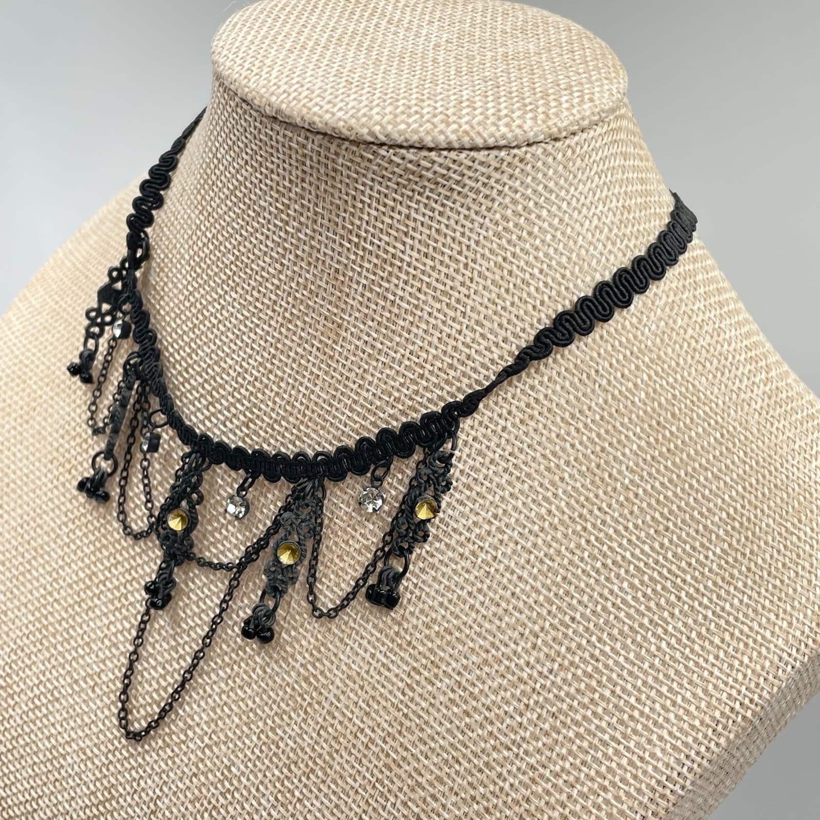 Gothic Adjustable Black Prong Rhinestone Beaded Collar Bib Lobster Necklace - Thumbnail 5