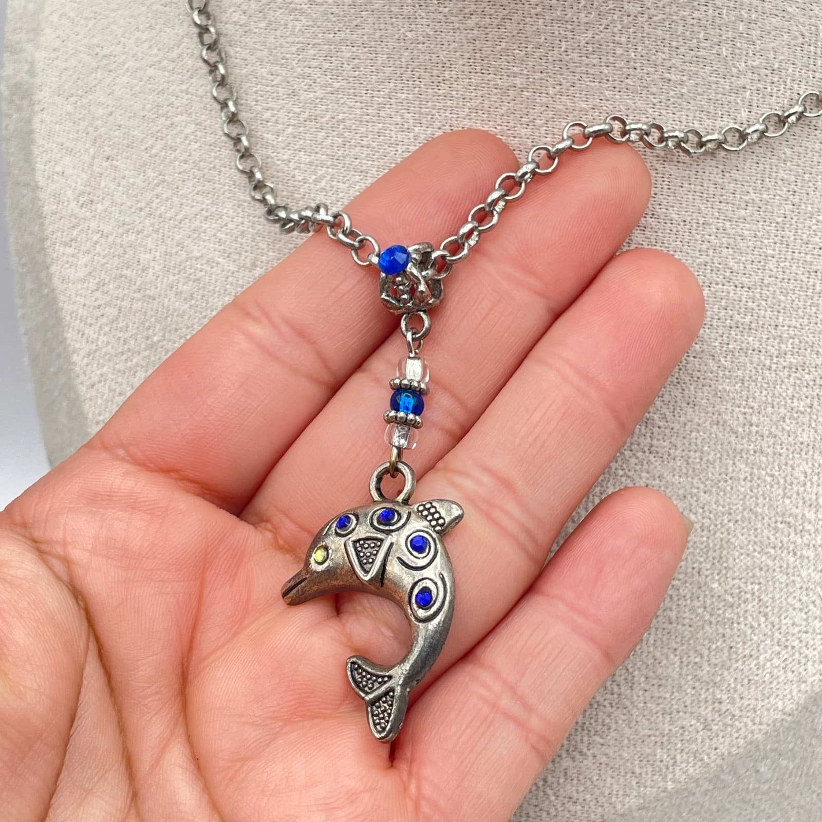 Vintage Silver-Tone Rolo Chain Blue Glass Beads Dolphin Pendant Lobster Necklace - Thumbnail 7