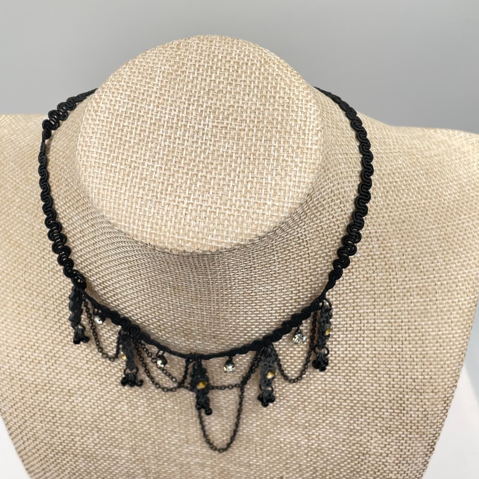 Gothic Adjustable Black Prong Rhinestone Beaded Collar Bib Lobster Necklace - Thumbnail 6