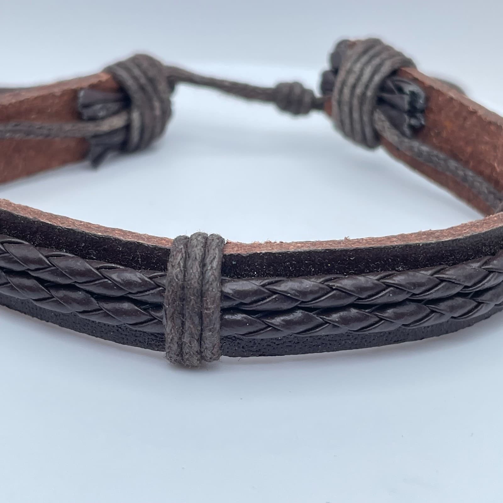 Contemporary Rustic Adjustable Brown Leather Braided Cords Slip Tie Bracelet - Thumbnail 2