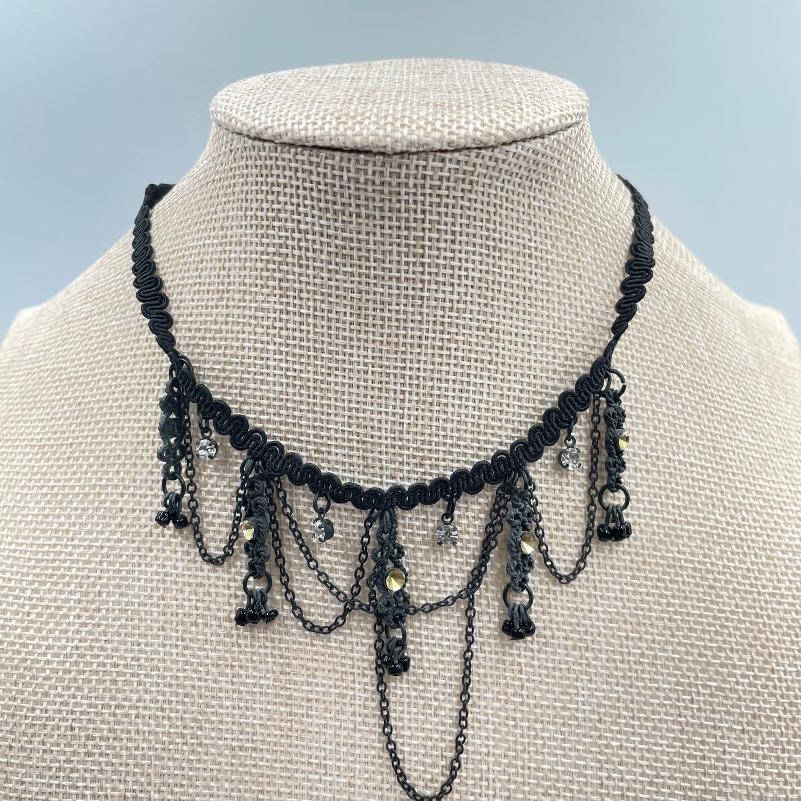 Gothic Adjustable Black Prong Rhinestone Beaded Collar Bib Lobster Necklace - Image 1