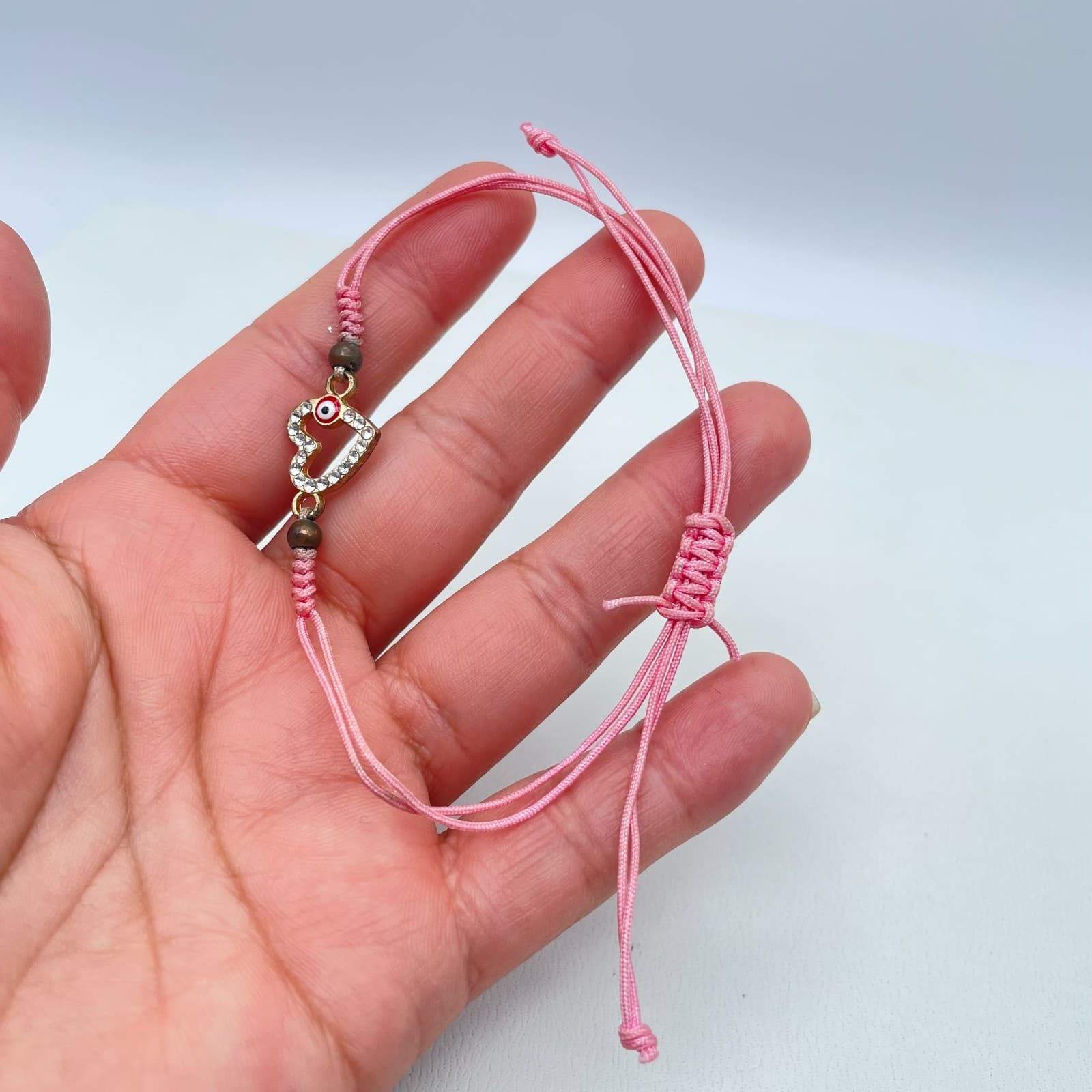 Y2K Adjustable Rhinestone Embellish Evil Eye Pink Cord Heart Charm Bracelet - Thumbnail 8