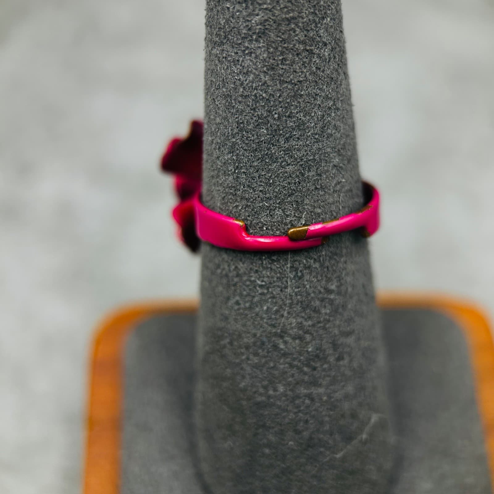 Vintage Pink Enamel Flower Ring w/ Fuchsia Rhinestone Center Statement - Thumbnail 3