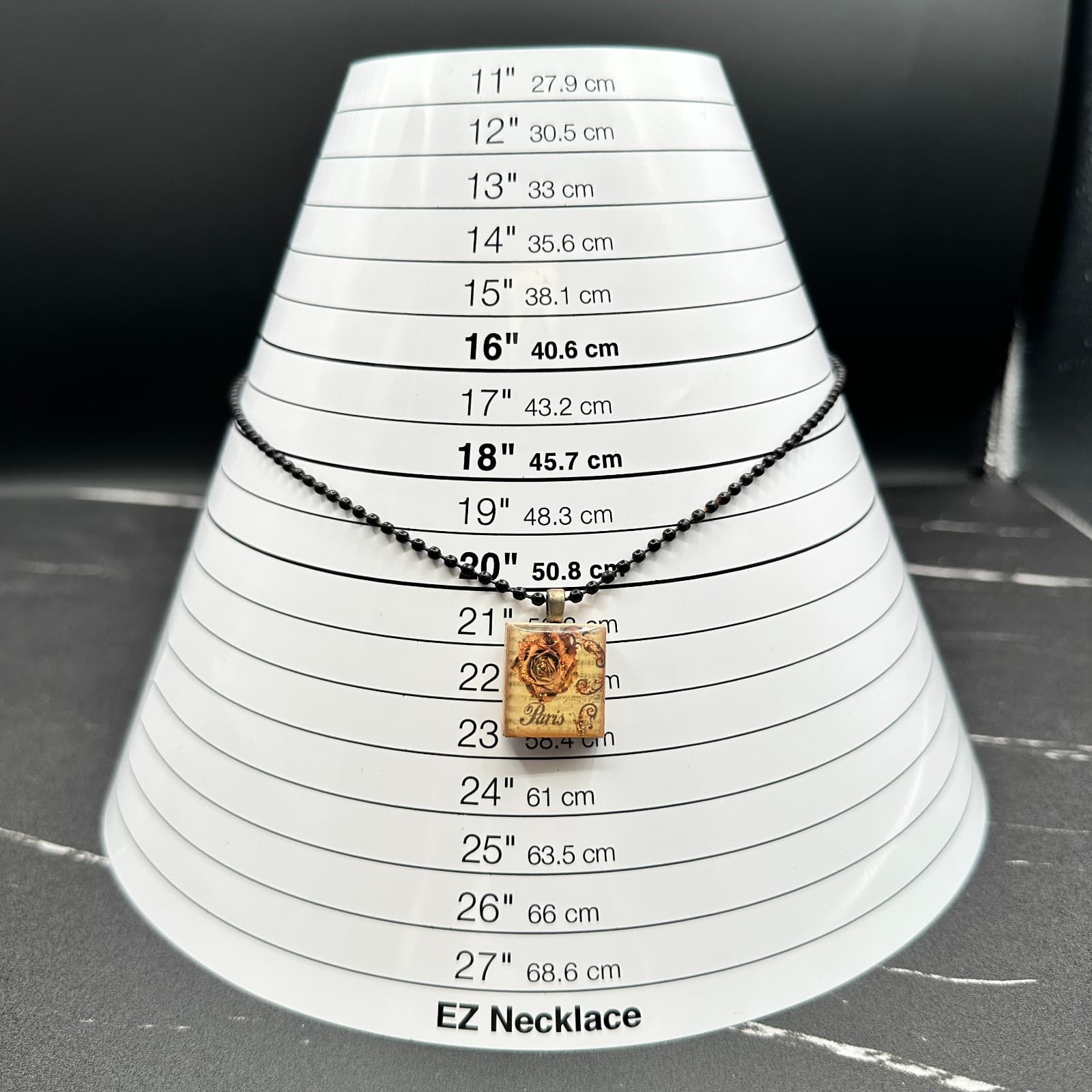 VTG 90s Paris Rose Pendant Necklace Wood Block Ball Chain Brown Glitter Boho - Thumbnail 10