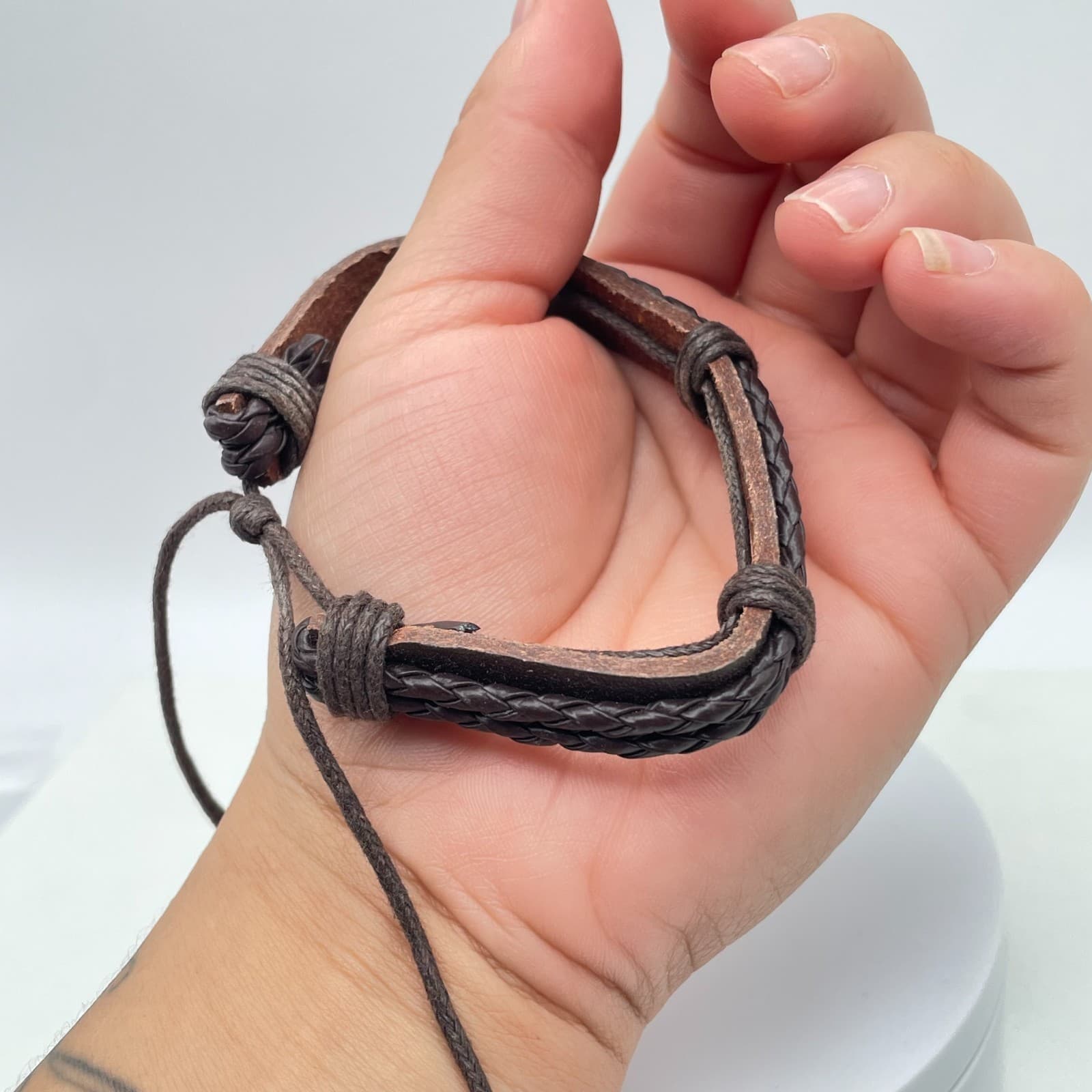 Contemporary Rustic Adjustable Brown Leather Braided Cords Slip Tie Bracelet - Thumbnail 9